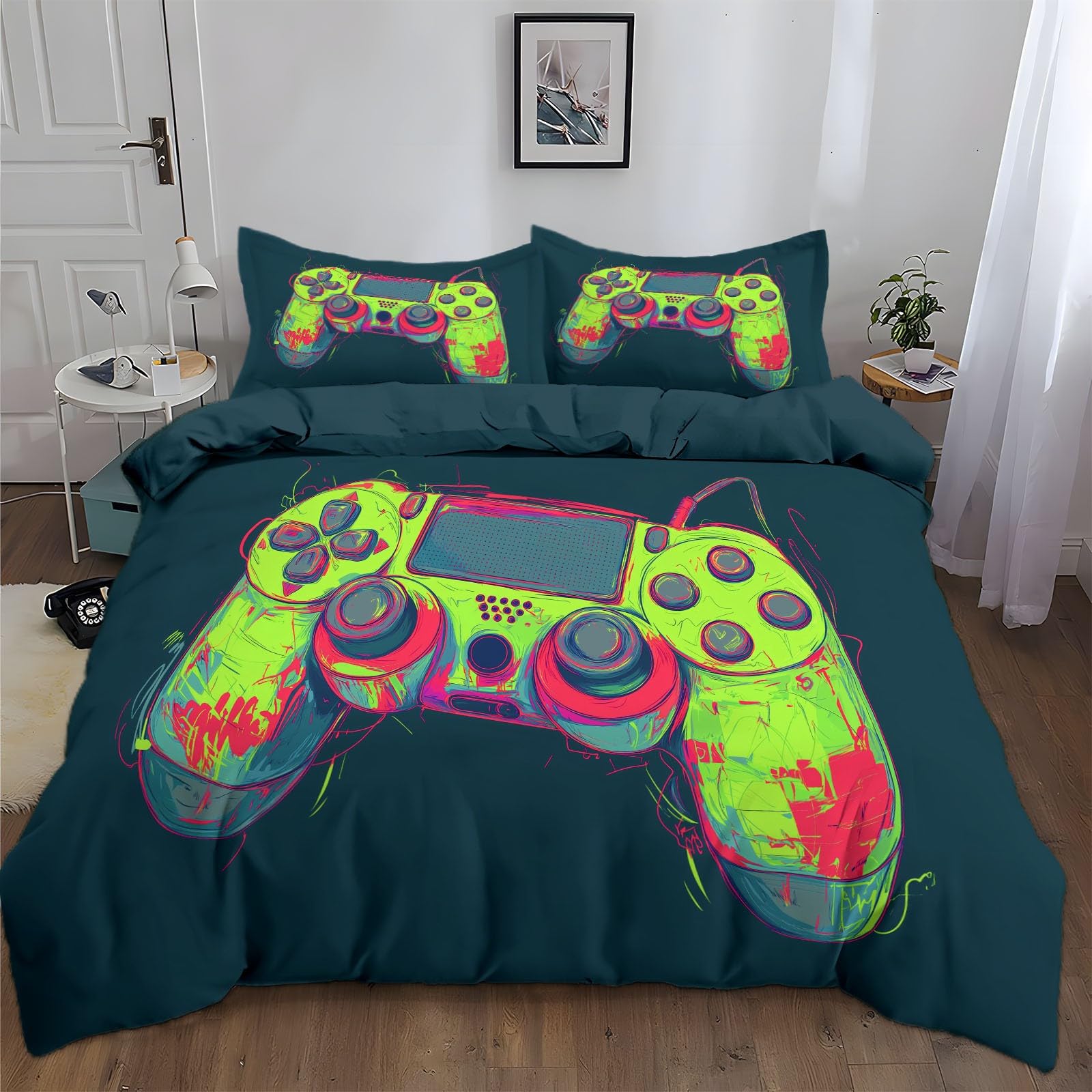 Funda Nórdica Microfibra Cremallera Diseño Suave Juego de Funda Nórdica con Funda de Almohad para Adulto Niños Adolescentes - Cama 135/150-220 x 240 cm Mando de Juego Artístico Azul