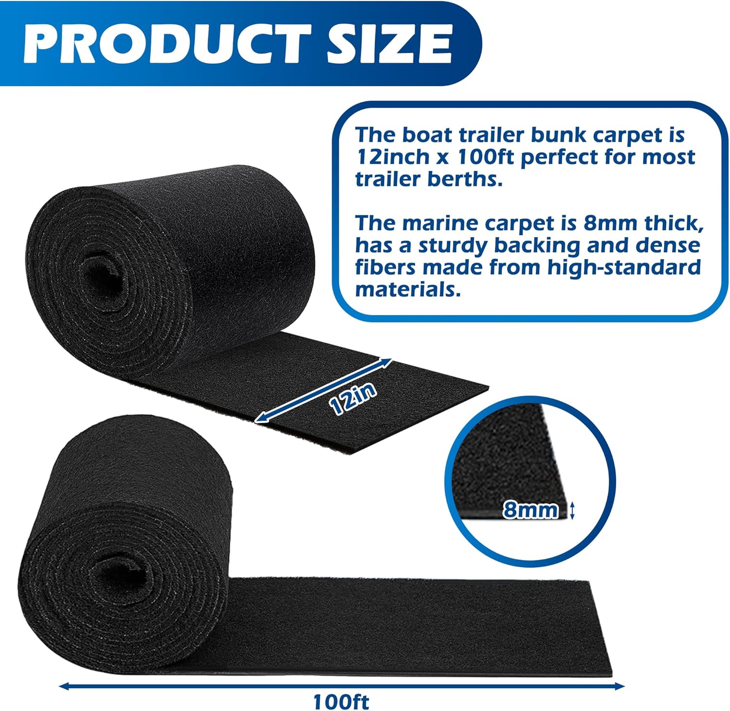 PROLEE Boat Trailer Bunk Carpet Extra Thick,100ft x 12in Marine Trailer Bunk Carpets 25oz, Marine Carpet, Boat Carpet Waterproof, Trailer Bunk Padding for Boats, Jet Ski, 5/16 Inch