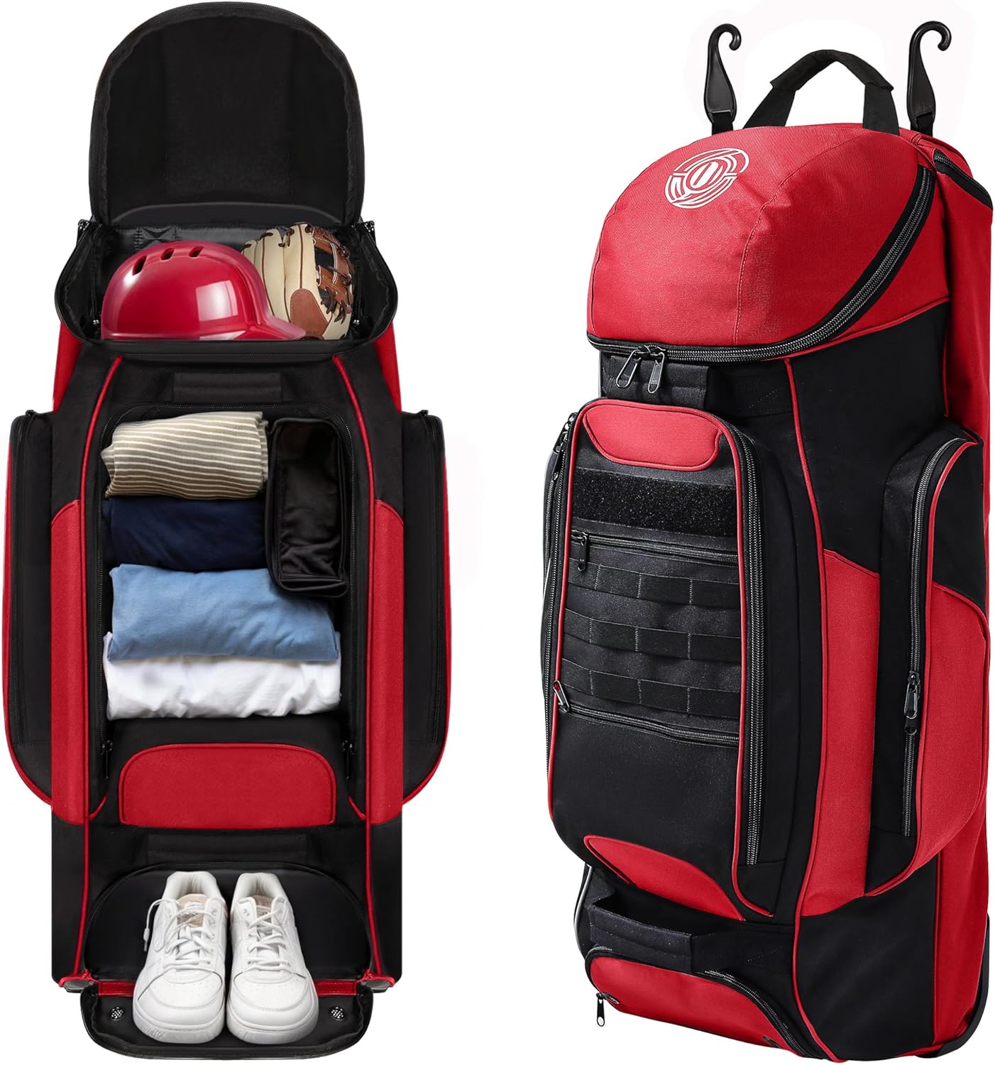 Shopsource Catchers Gear Bag with Wheels, Rolling Baseball Softball Bag with 4 Bat Sleeves, Fence-Hooks, Separate Shoe Compartments and Multi-Pockets, Sturdy Back Base Plate