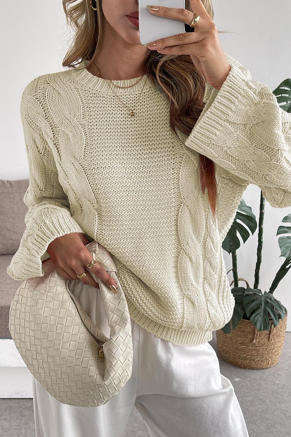 Cakulo Womens Oversized Pullover Sweaters Bell Sleeve Chunky Cable Knit Sweater Crewneck Trendy Knitted Tops 2025 - Image 2