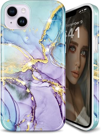 Designed for iPhone 14 Case iPhone 13 Case Gold Sparkle Glitter Marble Slim Shockproof Protective TPU Soft Rubber Silicone Cover Phone Case 6.1 inch Purple Blue