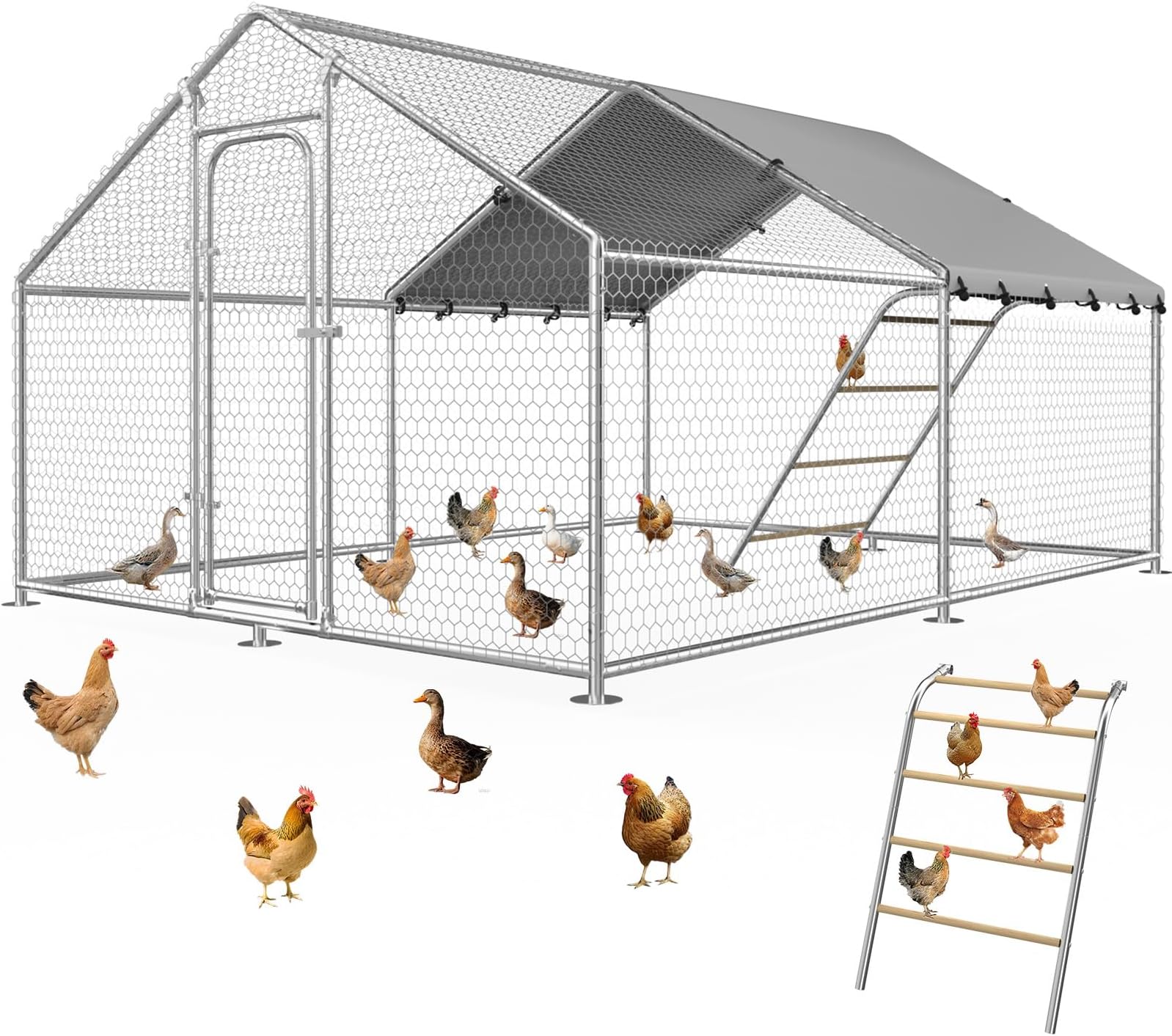 Large Metal Chicken Coop with Cover, Outdoor Walk-in Cage | Spire roof chicken run with waterproof UV-resistant cover, 118.9 × 118.9 × 77.6 in enclosure for poultry