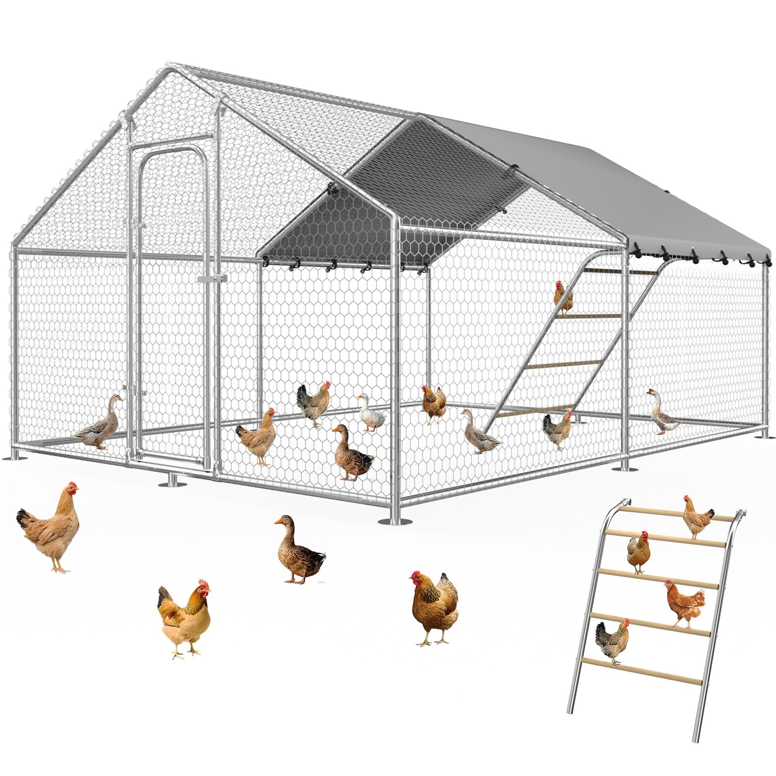 Chicken Coop with Roosting Perch, Large Metal Chicken Run Poultry Cage with Water-Resident and Anti-UV Cover for Duck Rabbit House Walk-in Chicken Pen