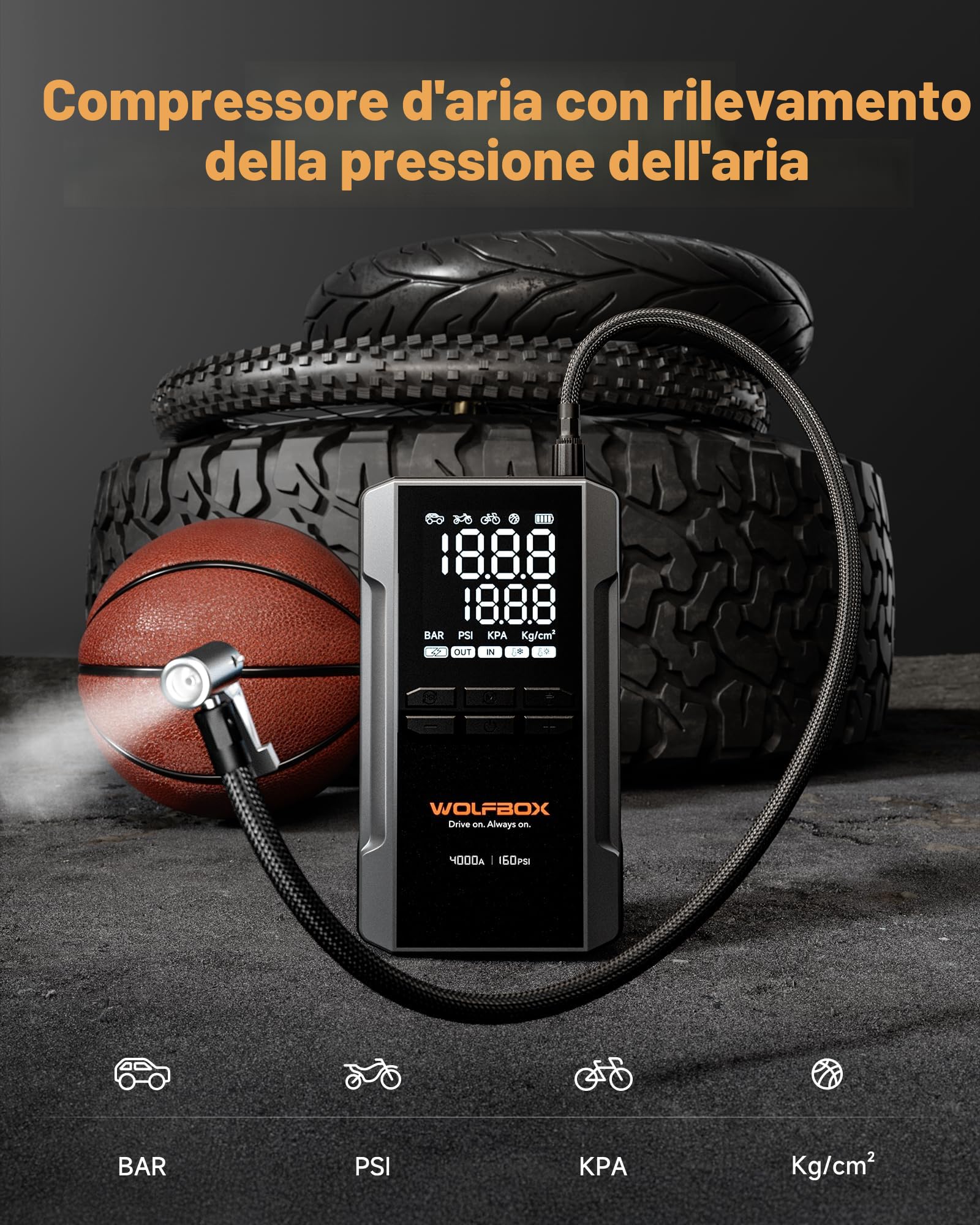 WOLFBOX Avviatore di emergenza da 4000 A con compressore d'aria, batteria portatile per auto da 24000 mAh e 160 psi, ricarica rapida 65 W, 12 V (Veicoli a benzina o diesel <10L)