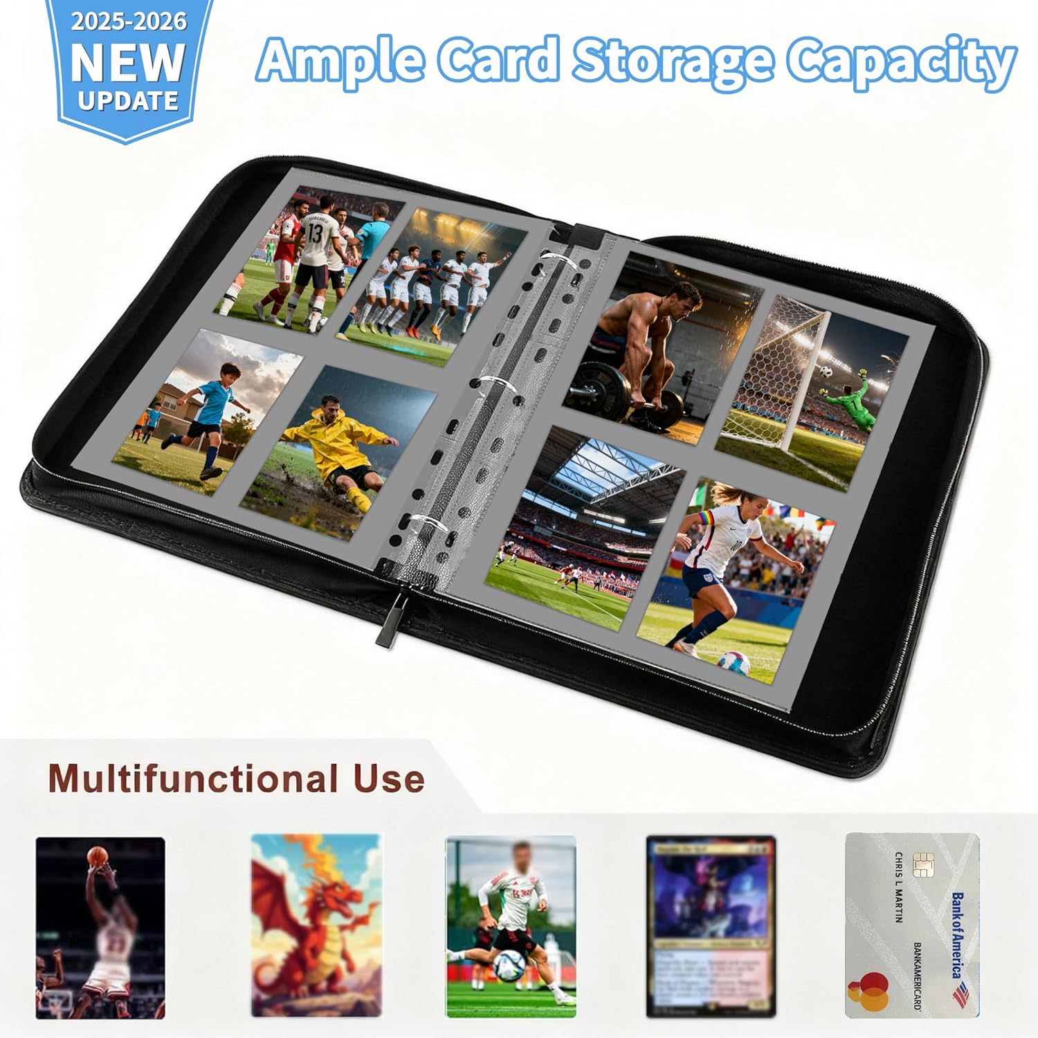 Football Card Binder,Football Card Holder,Trading Card Binder for Sports Cards 2025-2026,900 Pockets Waterproof PU Cover, Zipper Closure & Handle Gift for Soccer,Basketball & TCG Card Binder