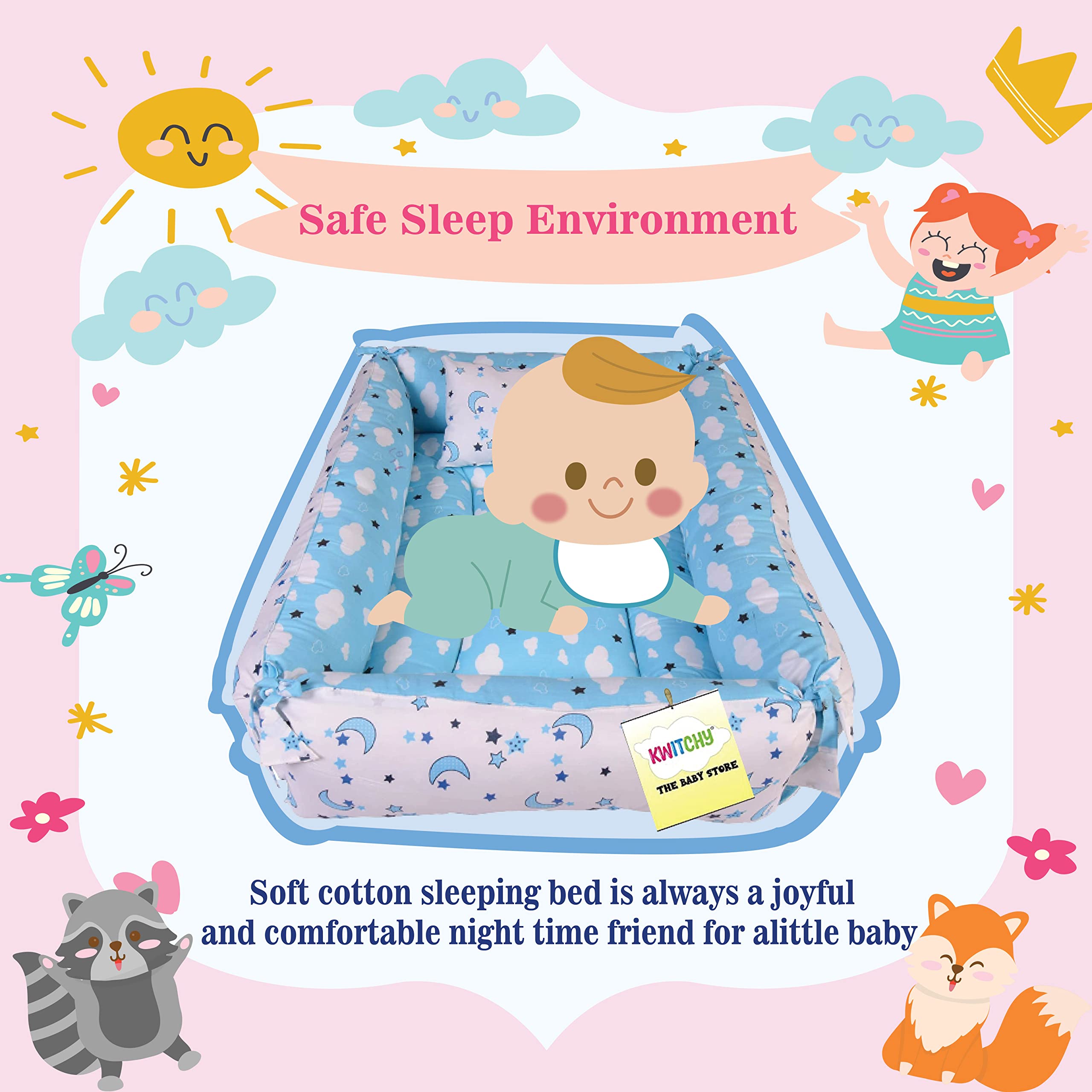 Kwitchy Baby Bed Bedding Set for New Born | Bed Mattress | Mosquito Net | Cotton | Travel Bed | Lounger | Essentials | Toddlers Infants | Gadda Set (0-12 Months) Blue 1