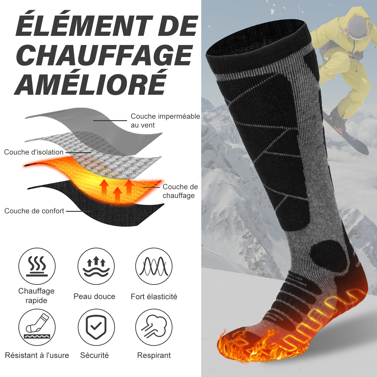 Chaussettes Chauffantes, 6000mAh Chaussette Chauffante USB Rechargeable Électrique pour Hommes Femmes, 3 Niveaux Chauffage Chaussettes d'hiver pour Sports - Ski Cyclisme Moto