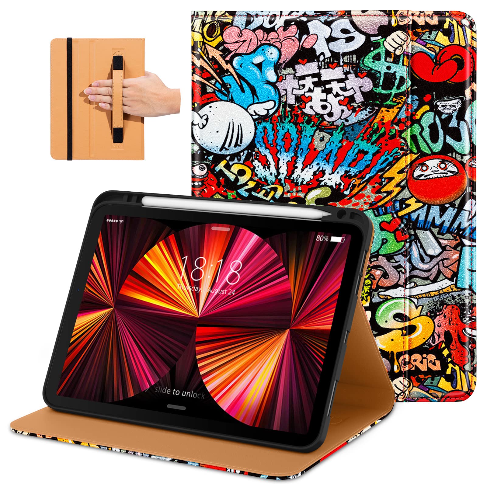 DTTO Case for iPad Pro 11 Inch 4th / 3rd / 2nd / 1st Generation 2022/2021/2020/2018,Premium PU Leather Folio Stand Cover with Hand Strap, Auto Wake/Sleep,Multiple Viewing Angles, Graffiti