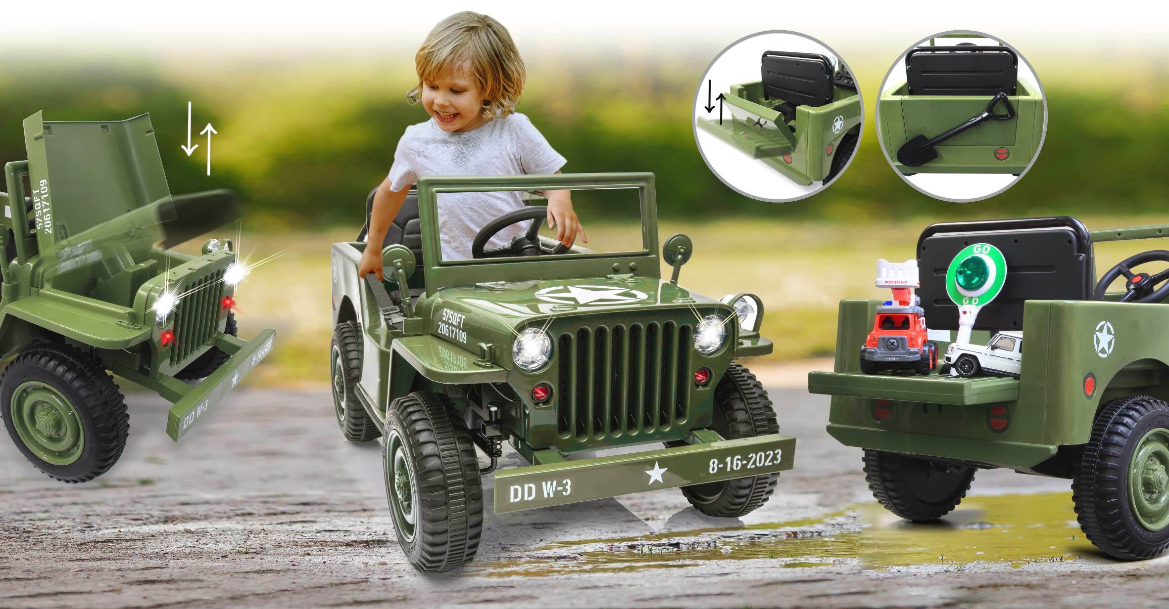 Ride-on Jeep Willys MB Army 12 V – Démarrage Doux, Coffre, Pelle Amovible, Port USB, Bluetooth, Voiture électrique