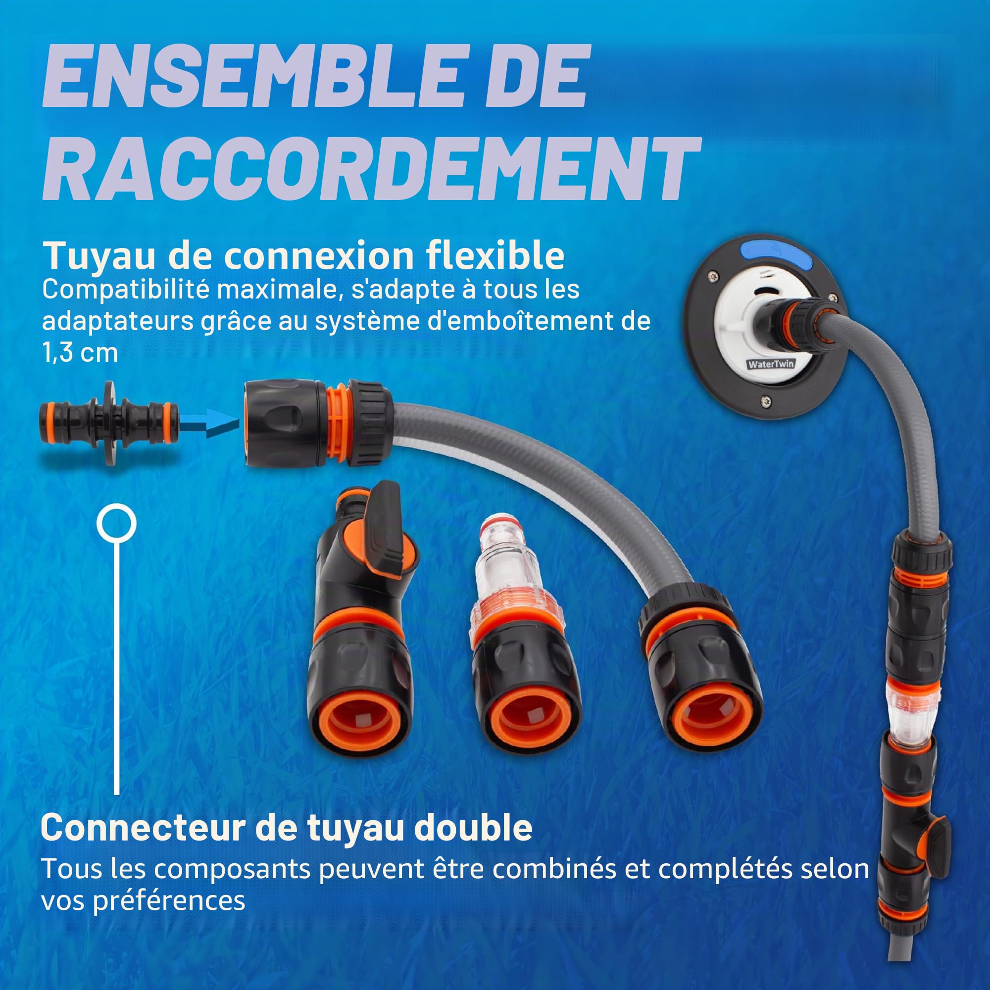 MaJoCompTec® CONNECT-30 Kit de filtre à eau pour camping-car - Embout de remplissage d'eau pour caravane - Accessoires pour bouchon de réservoir - Raccord de tuyau compatible avec Gardena (kit de