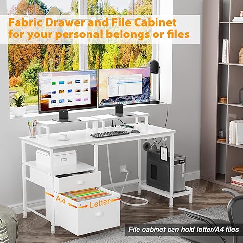 Miniatura 6 de Furologee Escritorio blanco para computadora con cajón y tomas de corriente, escritorio de oficina de 47 pulgadas con 2 soportes para monitor y