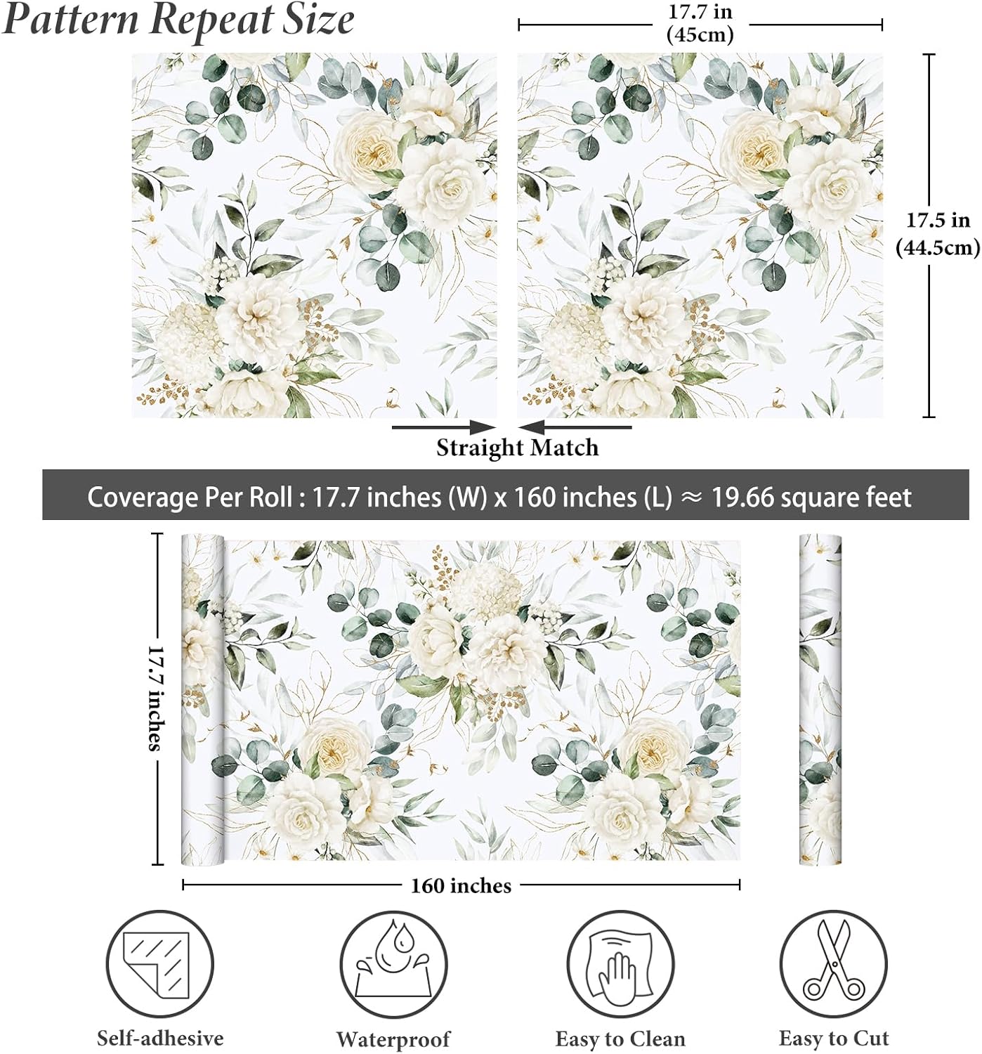 Peony Floral Peel and Stick Wallpaper 17.7"x160" Self Adhesive White Floral Wallpaper for Bedroom Wall Mural Botanical Wall Paper Removable Prepasted Flower Contact Paper for Shelves Drawers