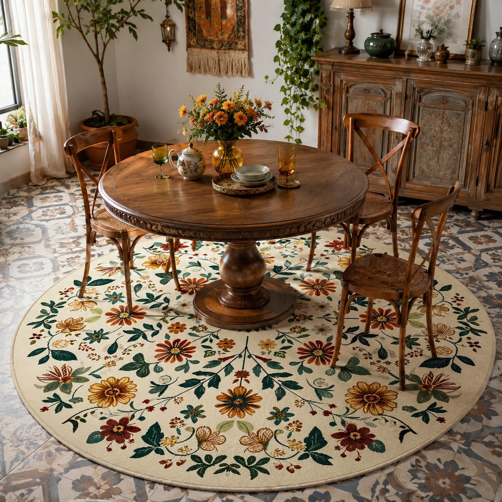 Tapis rond lavable à poils courts vintage vert et rouge 110cm