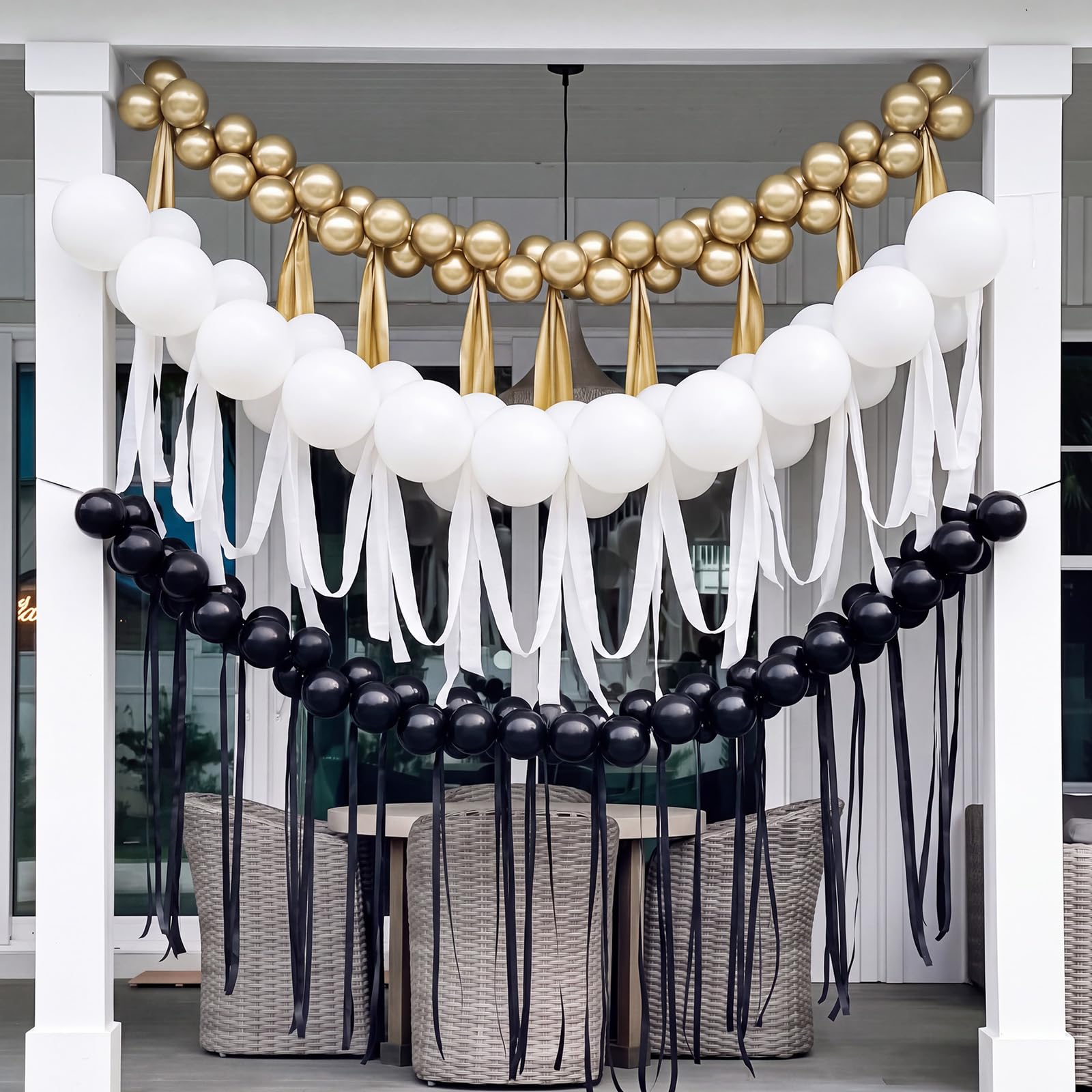Soulchen Set di 240 palloncini con collegamento con perle, 15,2 cm, 30,5 cm, per catene di palloncini fai da te, ghirlande, decorazioni da parete, feste di compleanno, laurea (oro, bianco, nero)