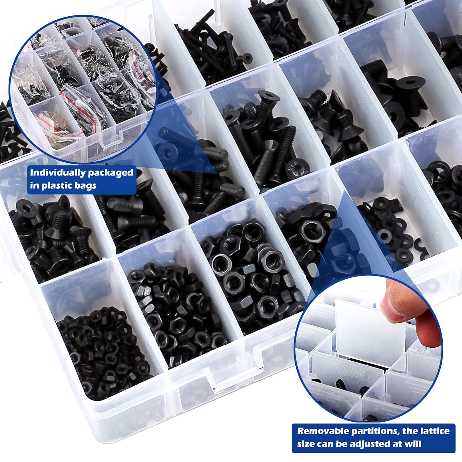 1500pcs Screws Assortment , M2 M3 M4 M5 10.9 Grade Alloy Steel Hex Flat Head Cap Bolts Nuts Washers Assortment Kit with Hex Wrenches, A Black Hex Flat Head Cap Bolts, (M2-M5-1500)