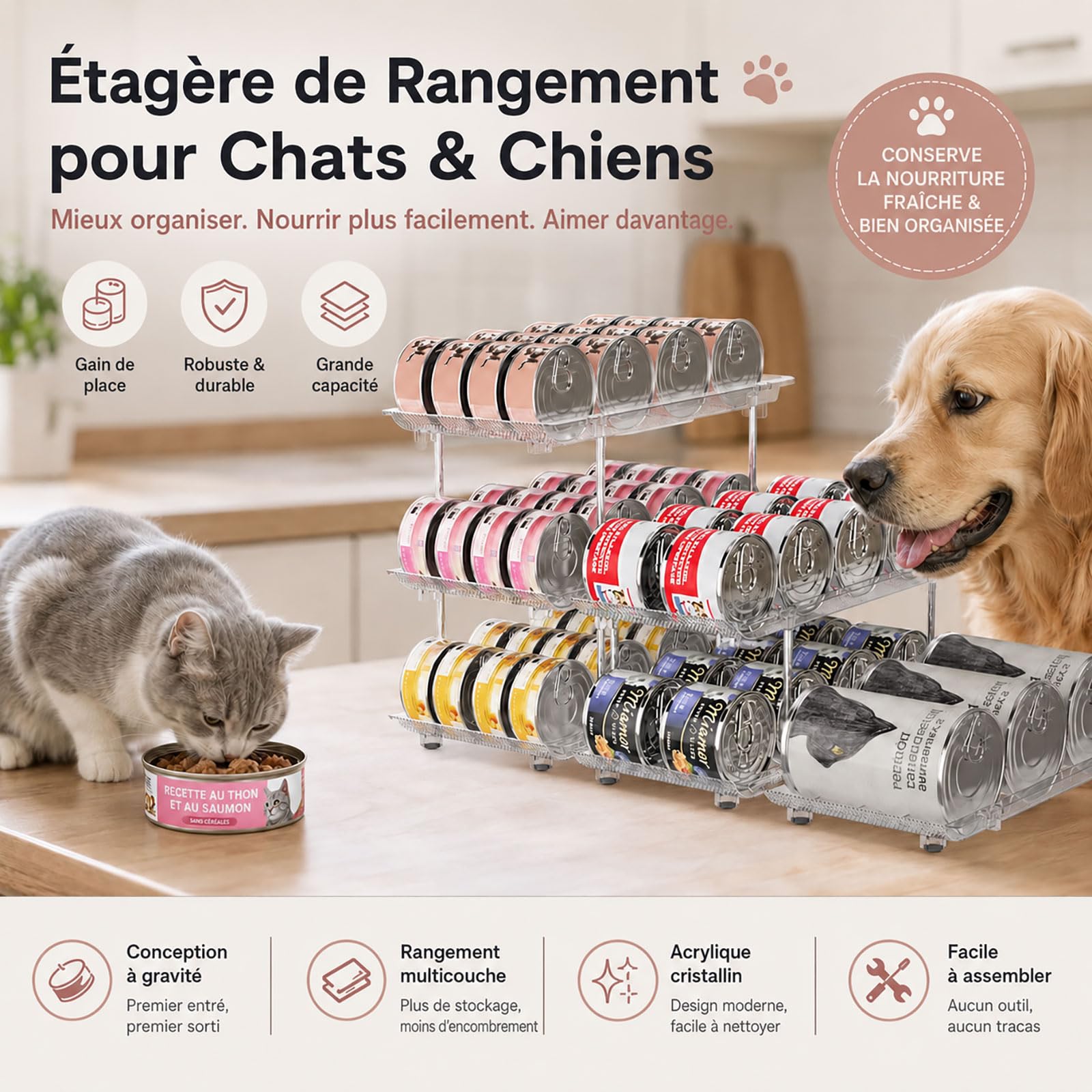 Organisateur de Canettes & Boîtes de Conserve pour Garde-Manger – Distributeur 3 Niveaux Empilable pour Placard Cuisine & Frigo – Rangement Ajustable pour Conserves, Sodas & Pâtée Chat