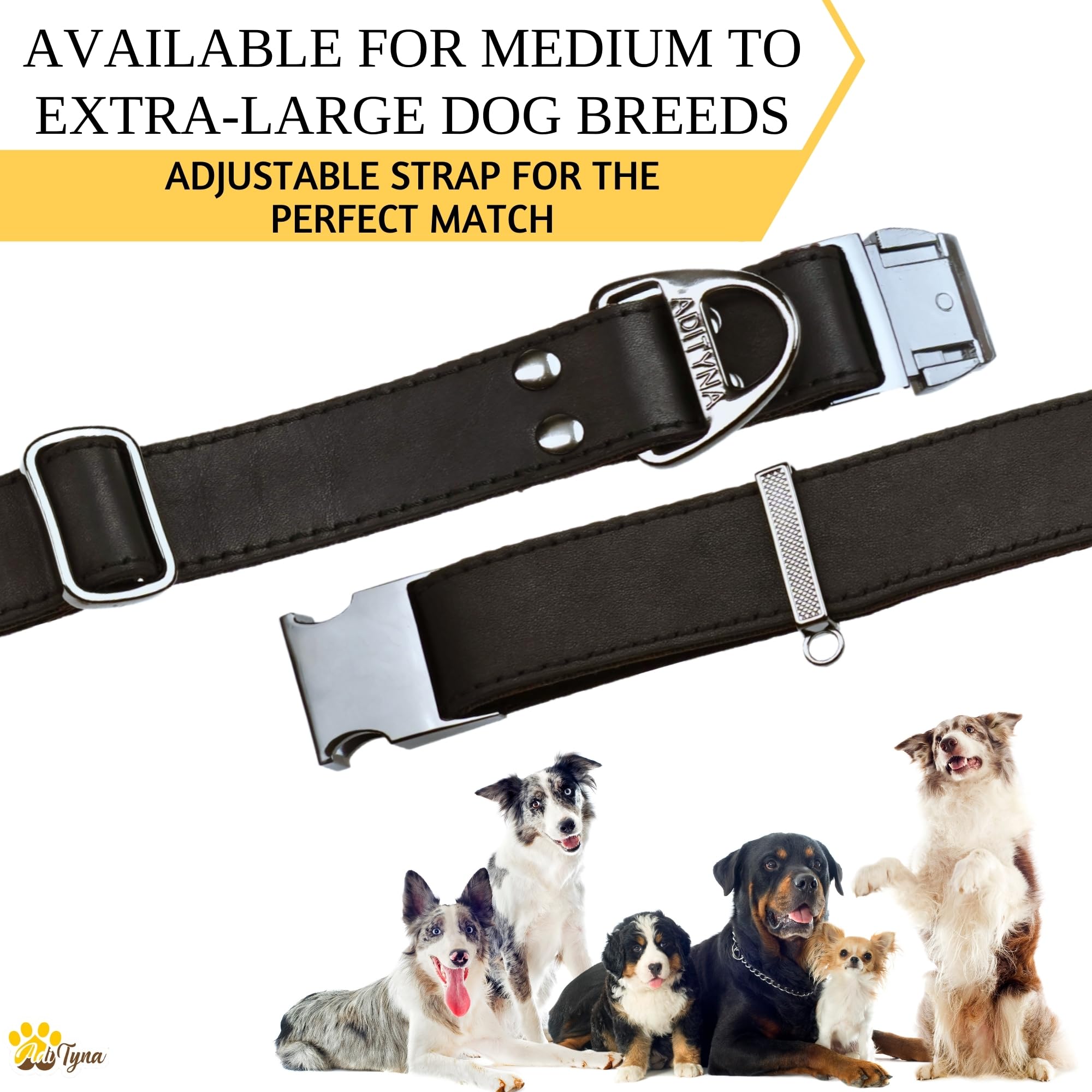 ADITYNA - Collar de cuero para perro con hebilla de metal para perros medianos y grandes - Collar táctico de cuero resistente, ajustable y de cuero (negro, se adapta a cuellos de 15 a 21 pulgadas)