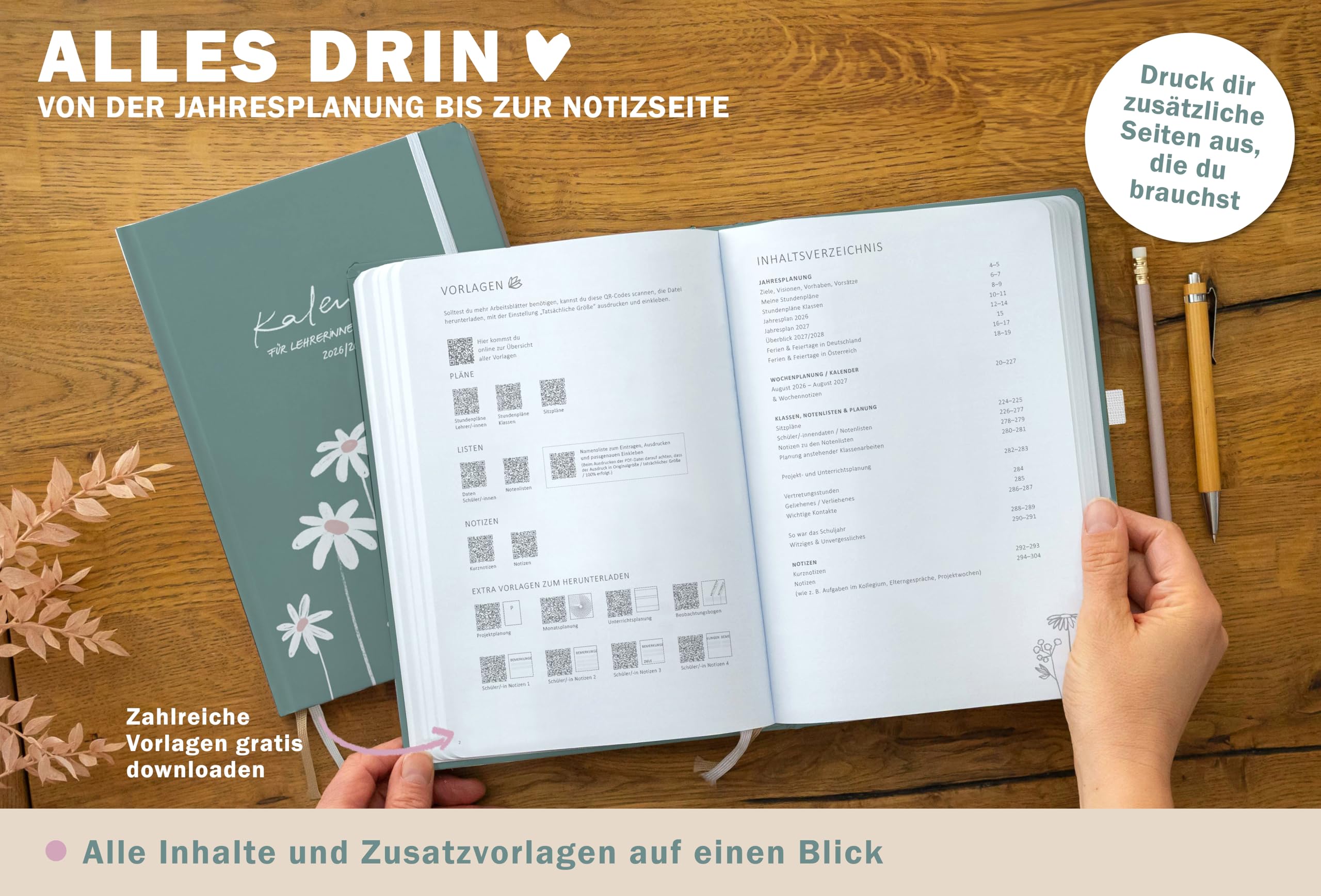 Eine der Guten Lehrerkalender 2026 2027, A5+ Lehrerplaner, 4 Seiten pro Woche, hochwertiger Hardcover Schulplaner für Schuljahr 26/27, mint weiß, 17x24 cm, klimaneutral