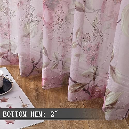 Miniatura 4 de Tollpiz - Cortinas de gasa transparentes, hechas de lino sintético, bordadas, con diseño de hojas y flores, para dormitorio o sala de estar, juego