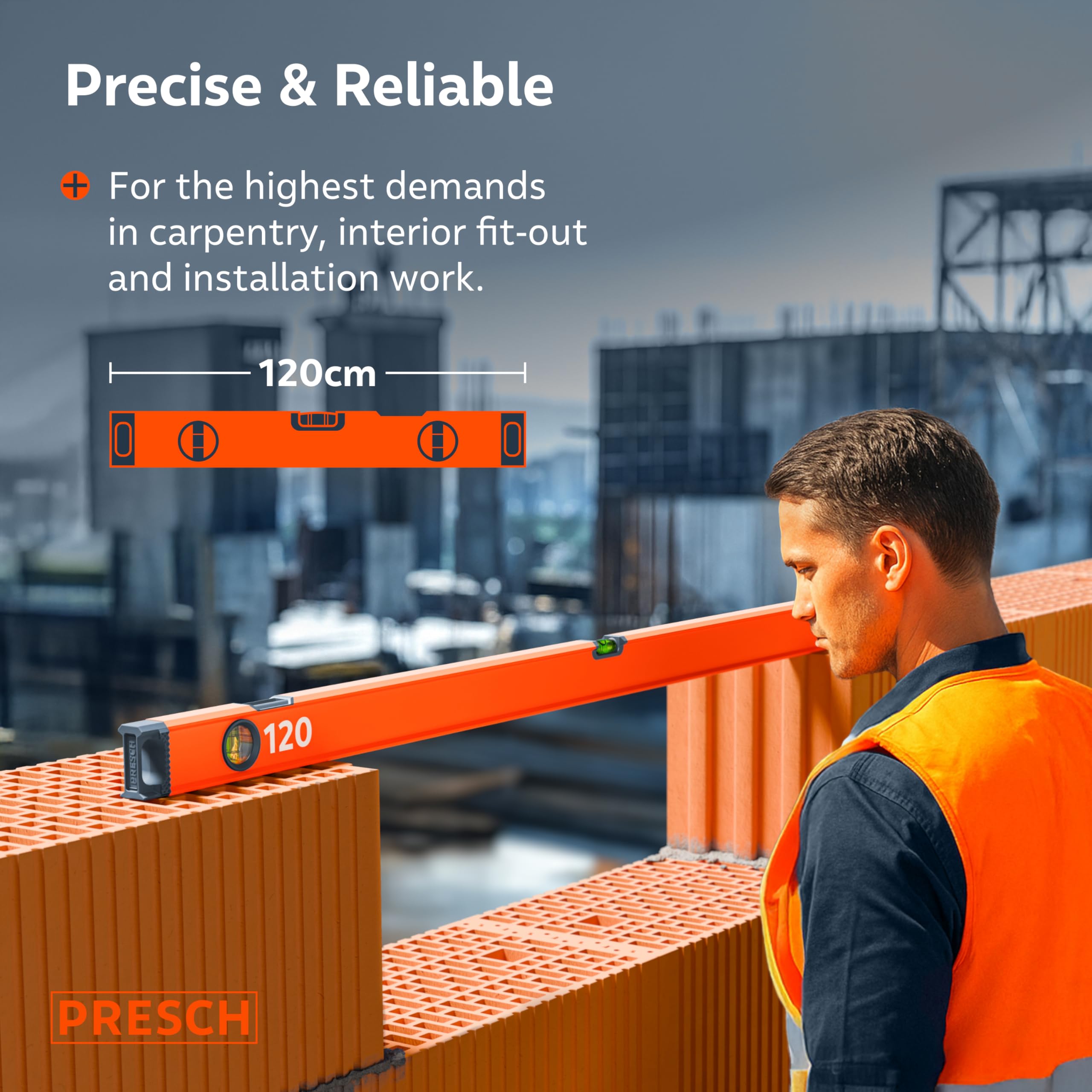 Presch Spirit Level 120cm, Shatterproof Vial with 2% Gradient, Vertical Viewing Window, Innovative Anti-Slip end caps - Image 2