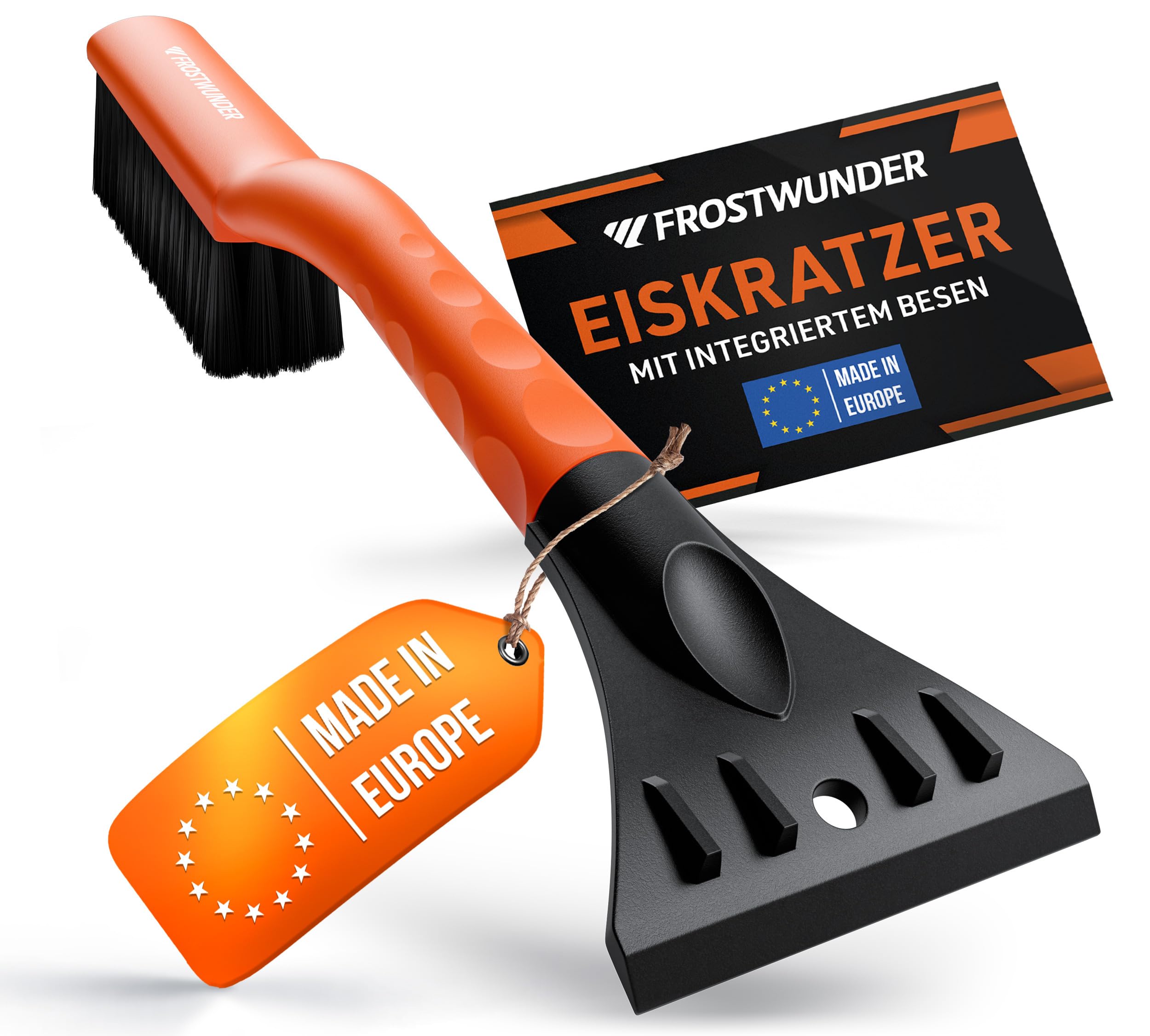 FROSTWUNDER Skrobaczka samochodowa z miotłą [Made in Europe] – 41 cm profesjonalna szczotka do śniegu z delikatnym włosiem – łatwa do przechowywania skrobaczka do szyb samochodowych – trwała