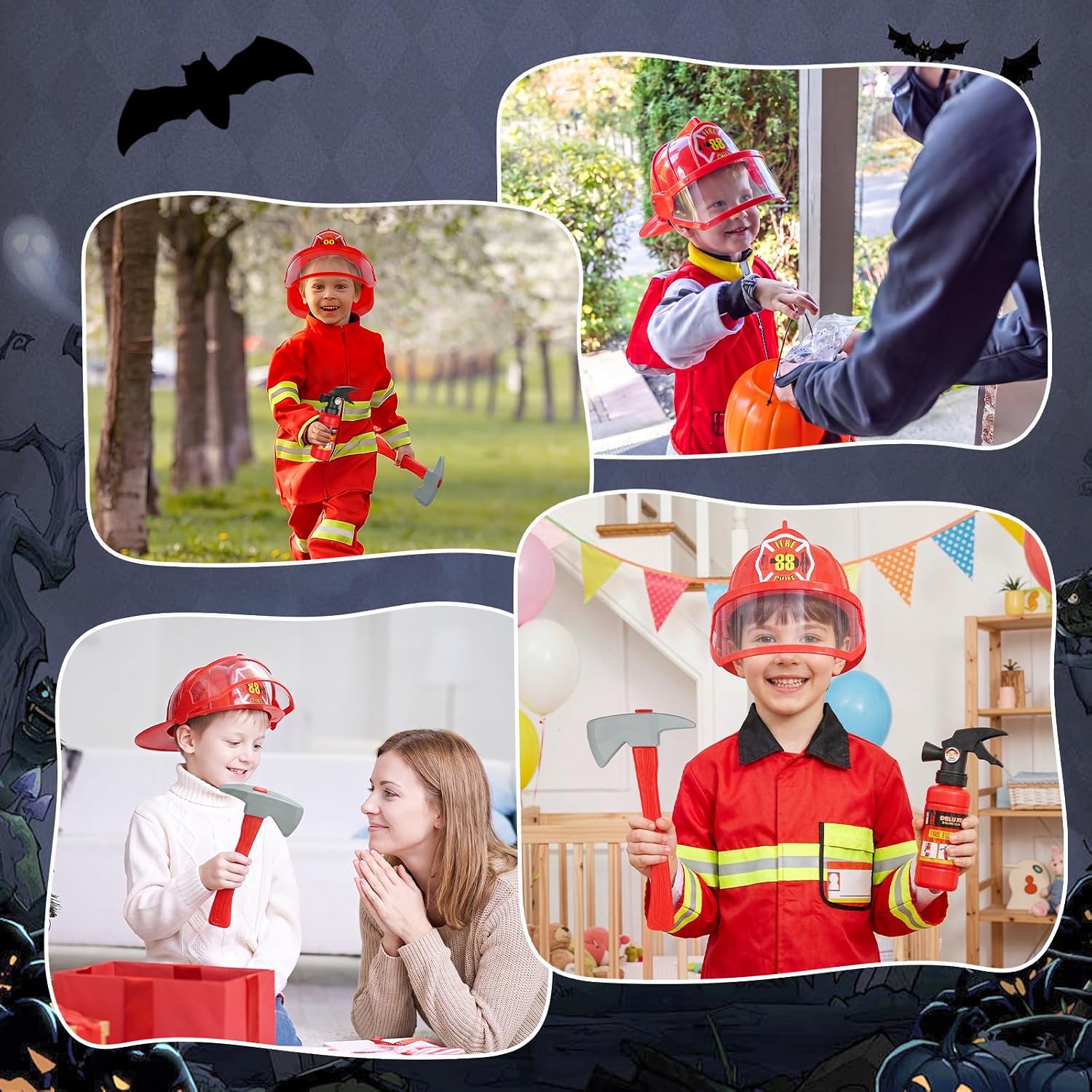 3PCS Firefighter Helmet Kids Set with Fireman Hat and Axe Fire Extinguisher,Halloween Firefighter Costume Accessories Cosplay Party