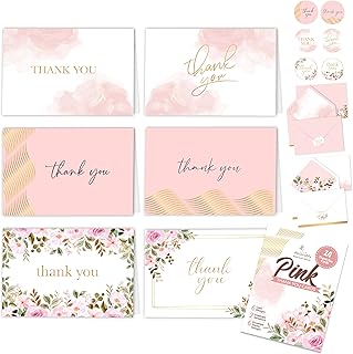 24 Gold-Foiled Pink Thank You Cards with Envelopes - 6 Designs Thank You Cards Pink and Gold, Pink Flower Thank You Cards, Thank You Cards Girl, Floral Thank You Cards with Envelopes