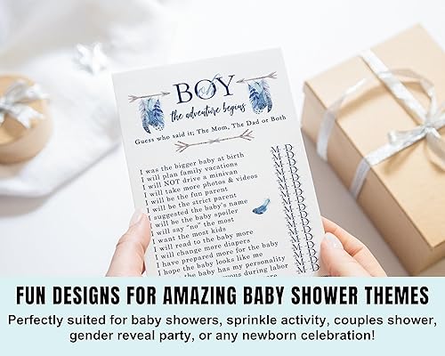 Miniatura 3 de Paper Clever Party Adventure Begins Mommy o Daddy - Juego de 25 tarjetas de actividades de Adivina quién, recuerdos rústicos, cartulina estampada