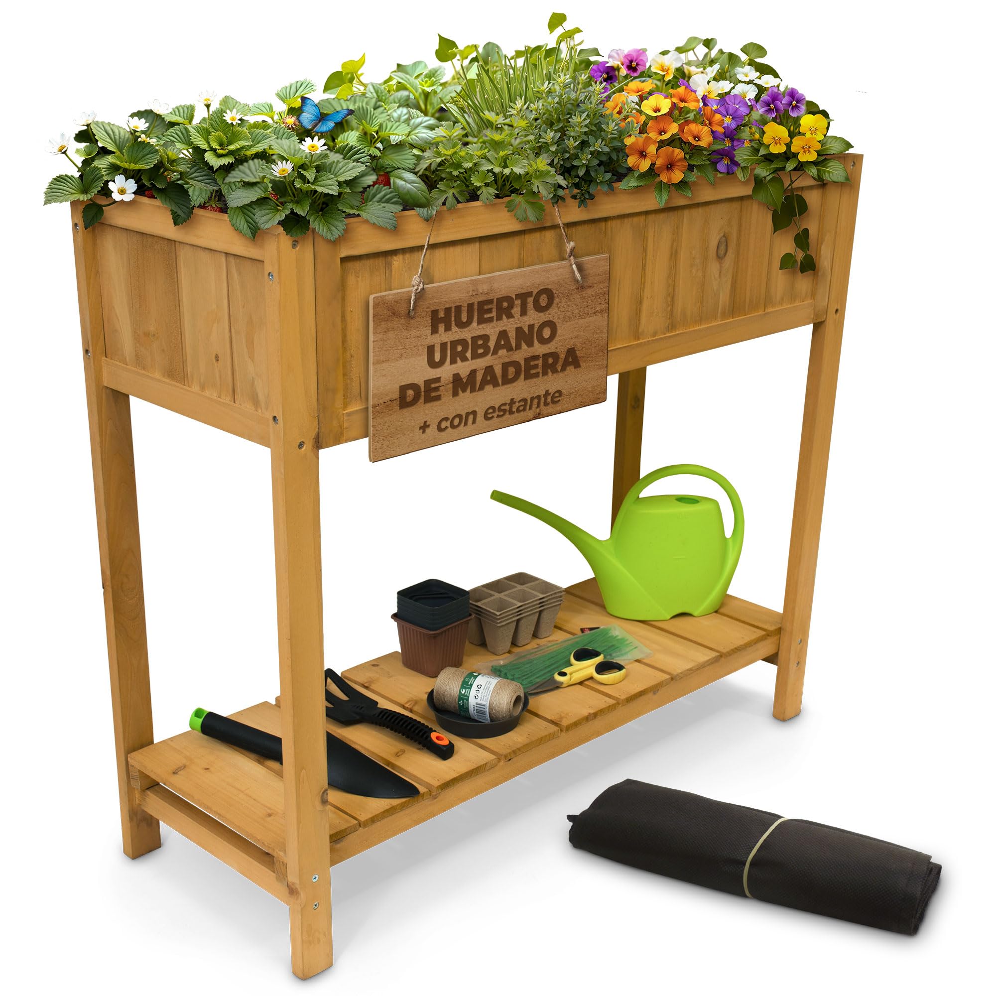STREND PRO Jardinera para balcón, 76 cm x 33 cm x 89 cm (largo x ancho x largo), bancal de madera con estante y lámina impermeable para plantas, pequeño bancal estrecho ideal para balcón, terraza y