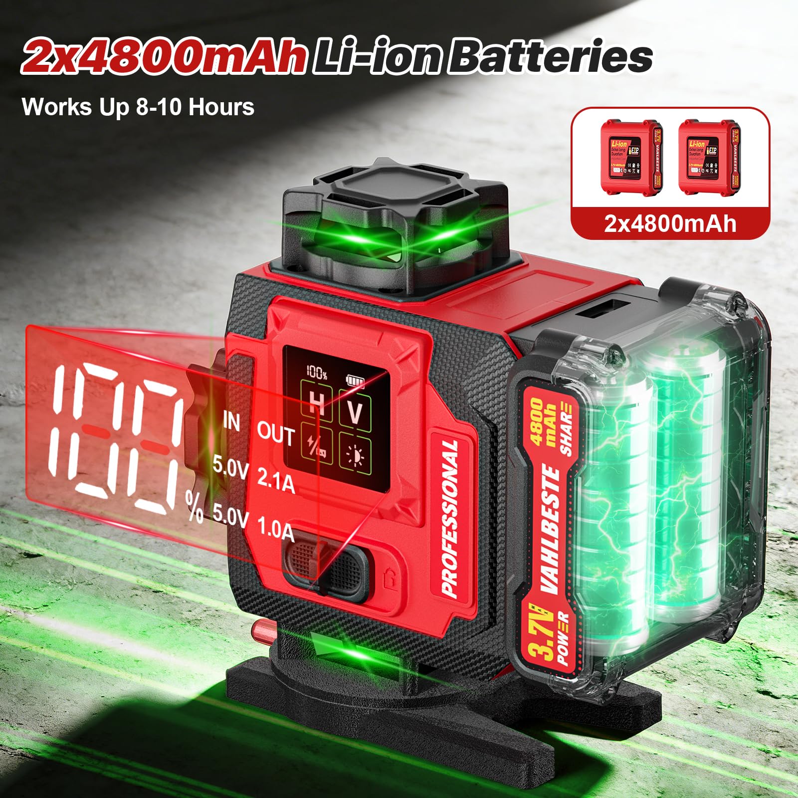 Livella Laser con Treppiede,Livella Laser Autolivellante 360 con 2x4800mAh Batterie,4x360 °Livello Laser con Display LED,16 Linee Laser Verde/APP/Telecomando per l'edilizia/Appendere Quadri
