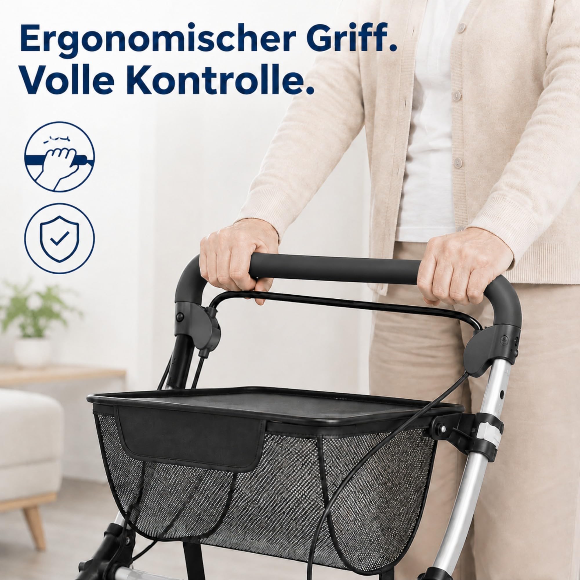 Weinberger Rollator schmal für Wohnung | 60 cm breit, faltbar, leicht, Tablett & Korb | Wendiger & höhenverstellbarer Indoor Wohnungsrollator klappbar | Gehhilfe, Laufhilfe für Senioren Schwarz/Silber