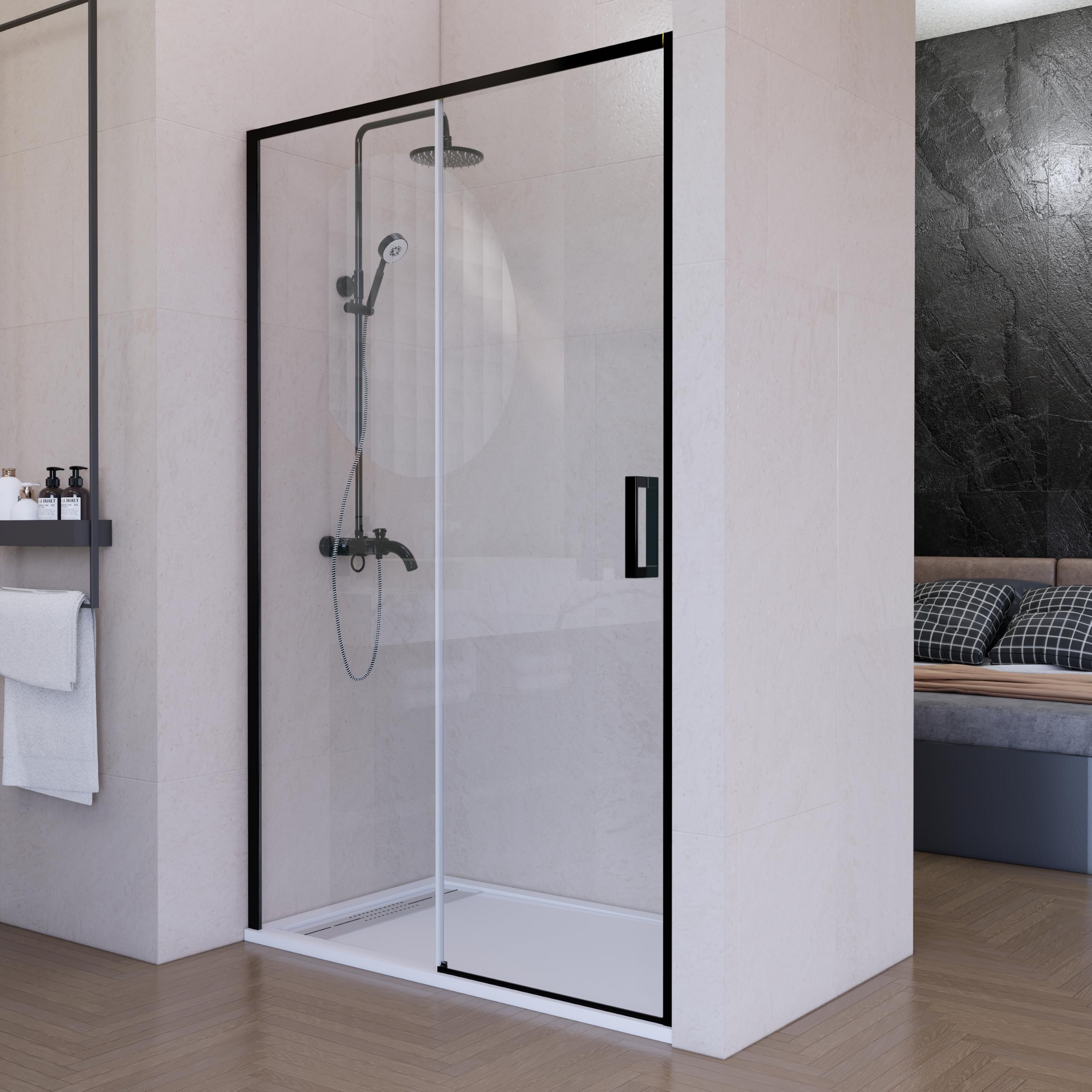 Mampara de ducha frontal corredera 130 cm 1 puerta + 1 fijo Negro mate Cristal transparente 6 mm 195 cm altura