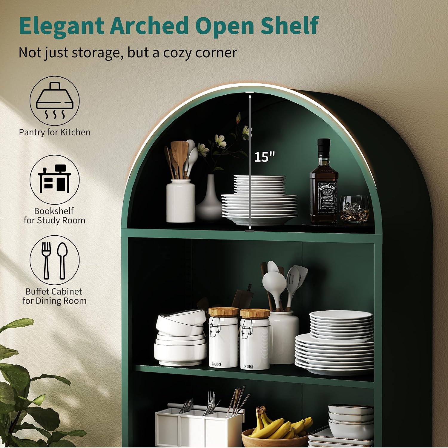 74" Tall Arched Bookcase with Doors, 5-Tier Green Arch Bookshelf with Storage & Adjustable Shelves, Metal Arched Storage Display Cabinet for Pantry Kitchen Home Office - Style 2