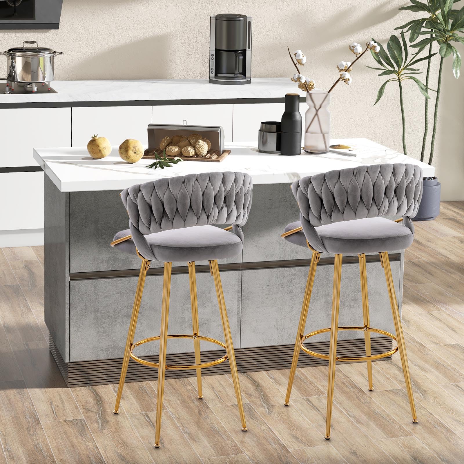 COSTWAY Juego de 2 Taburetes de Terciopelo, Taburetes de Barra de 73 cm con Respaldo Tejido y Patas de Metal Dorado, Taburetes de Cocina Tapizados sin Brazos con Reposapiés(Gris)