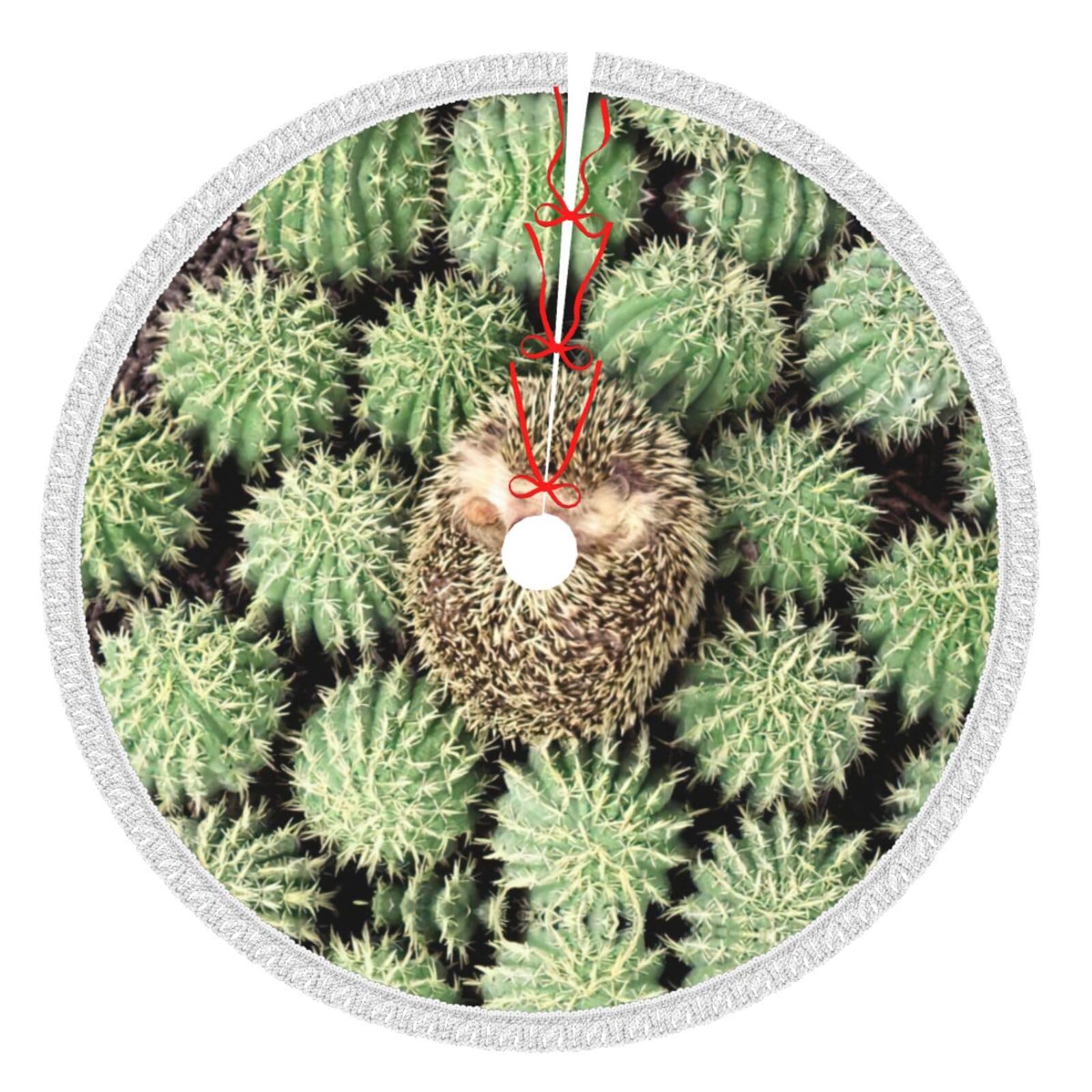 Jupe de sapin motif hérissons et cactus tapis de Noël doux à pompons pour décoration festive