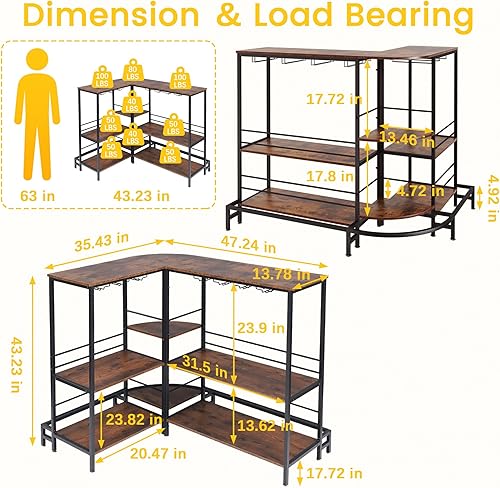 Miniatura 5 de kepptory Mesa de bar en forma de L mesa de bar de licor de 3 niveles con almacenamiento y soporte para vasos y reposapiés gabinete de bar de vino de