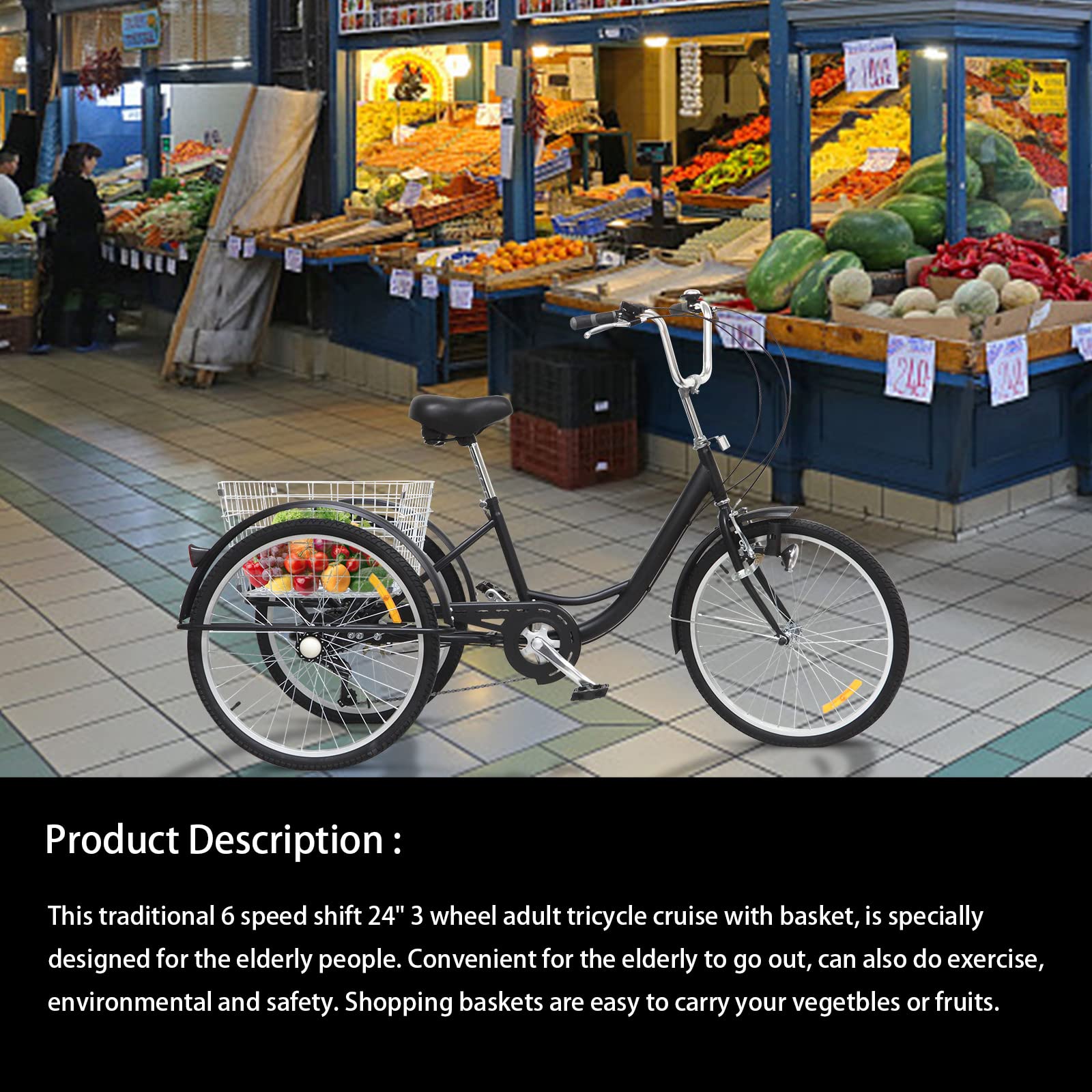 Tricycle adulte de 24" 3 roues avec lampe et panier 6 vitesse croisière vélo pour personnes âgées, filles, garçons, hommes et femmes
