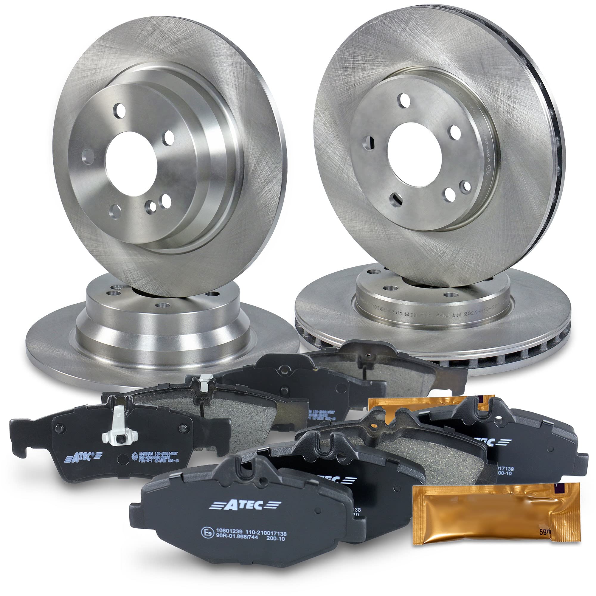 BESTPRICE Set freni incl dischi freno anteriori Ø 295mm ventilati + posteriori Ø 300mm pieni + pastiglie freno anteriori e posteriori, compatibili con MERCEDES Classe E (W211), Classe E T-Model (S211)