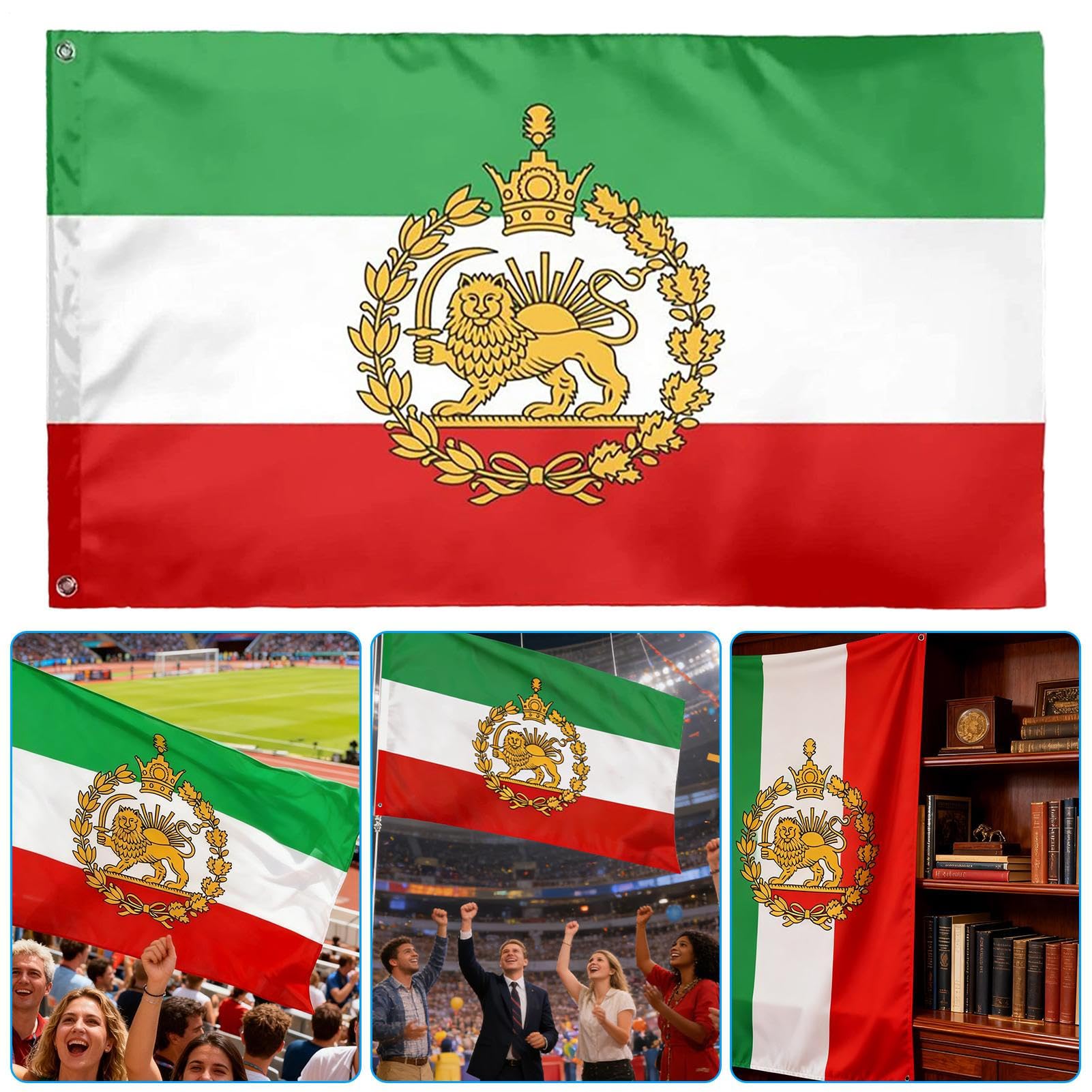 Bandiera Iran 90x150cm Poliestere, Bandiera Persiana Storica, Leone e Sole, 2 Pezzi