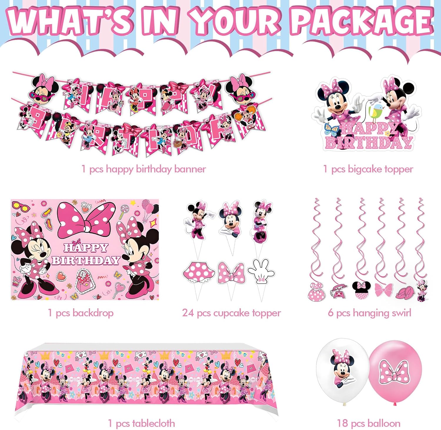 Birthday Party Supplies,Minnie Theme Style Party Decorations Include Happy Birthday Banner,Backdrop,Tablecover,Cake Toppers,Cupcake Toppers,Spiral Charms and Latex Balloons Set - Image 2