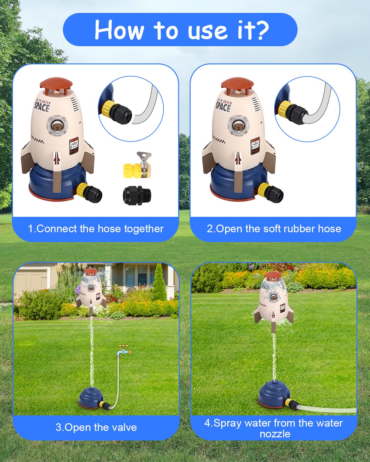 Razzo Alimentato dall'acqua Sprinkler spray Giochi,Spruzzatore Giocattolo,Giochi Acqua Bambini per Cortile,Giocattolo di Rocket Sprinkler per Bambini Backyard Garden Yard,Giocattoli Splash Play
