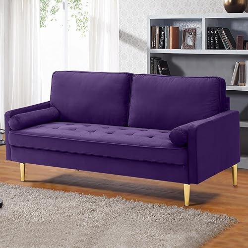 Miniatura 30 de Sofá biplaza de lino moderno de 67 pulgadas, sofá biplaza tapizado de mediados de siglo con 2 almohadas y 4 patas doradas, sofás de 2 plazas para