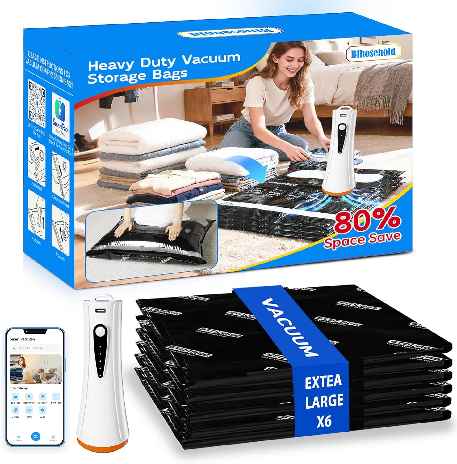 Extra Large Vacuum Storage Bags with Electric Pump, 6 Pack Vacuum Seal Bags for Clothing, Bedding, Pillow, Comforters, Blankets, Compression Bags Includes Portable Pump for Home Organization Storage