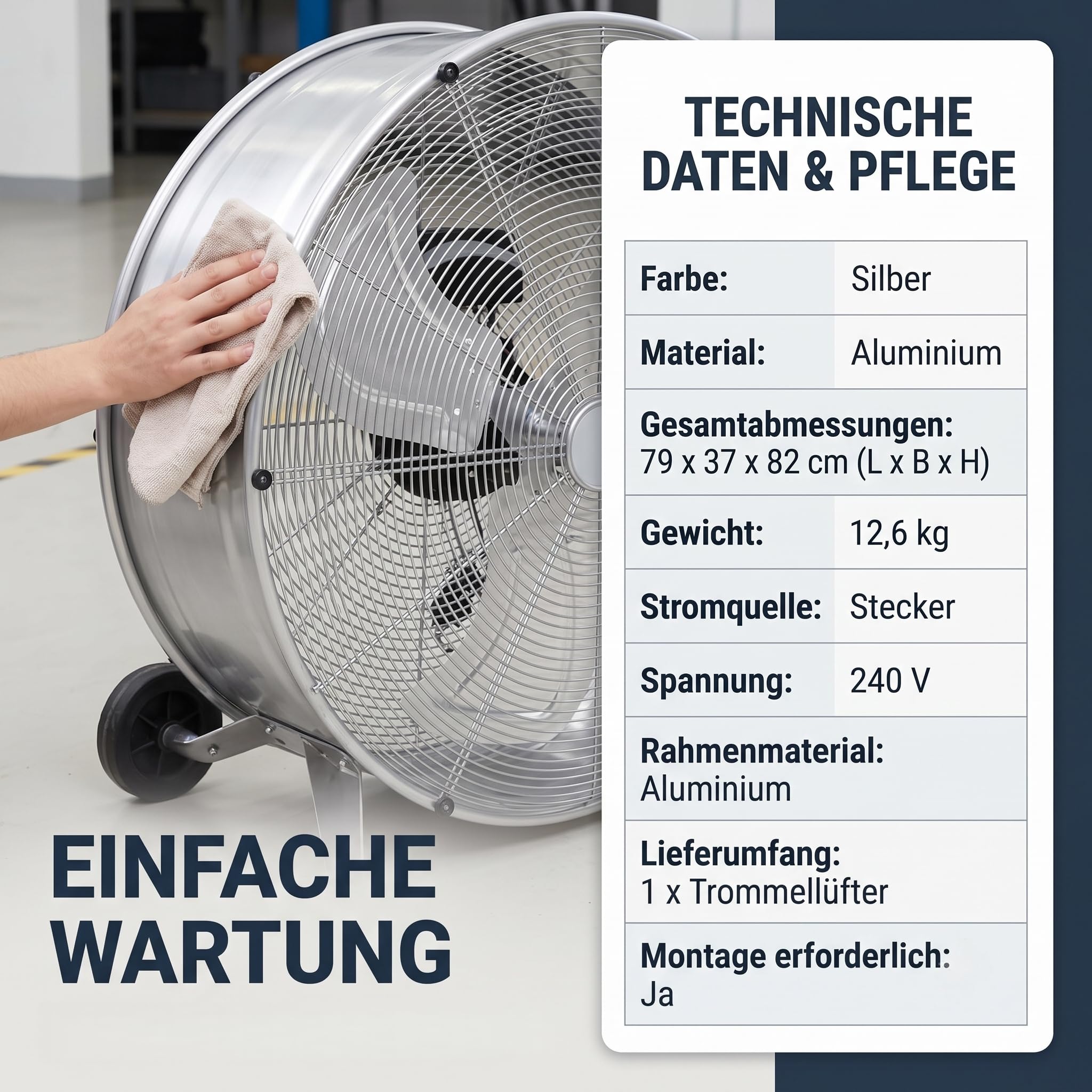 Gecheer Trommelventilator Neigbar mit 2 Rädern, Aluminium, 79x37x82 cm | 3 Geschwindigkeitsstufen, 3 Metallflügel, Leichte Reinigung für Innen- und Außenbereich Werkstatt Garage Halle