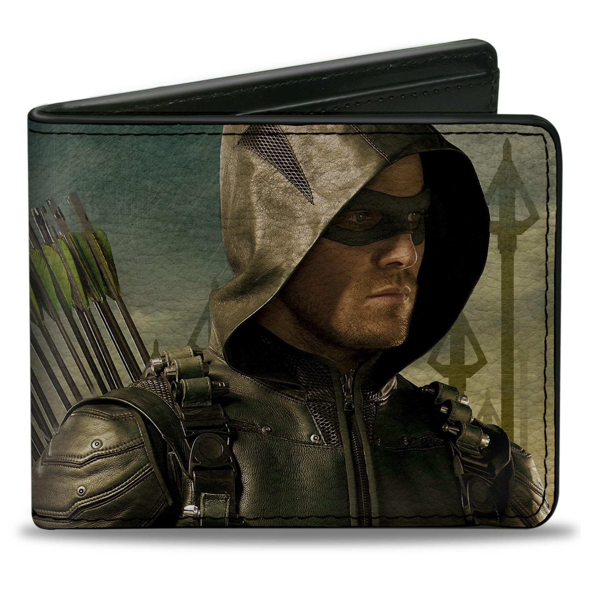 Buckle-Down Men's DC Comics Wallet, Bifold, Standing Pose Tips Tan Fade, Vegan Leather, Green Arrow, 4.0