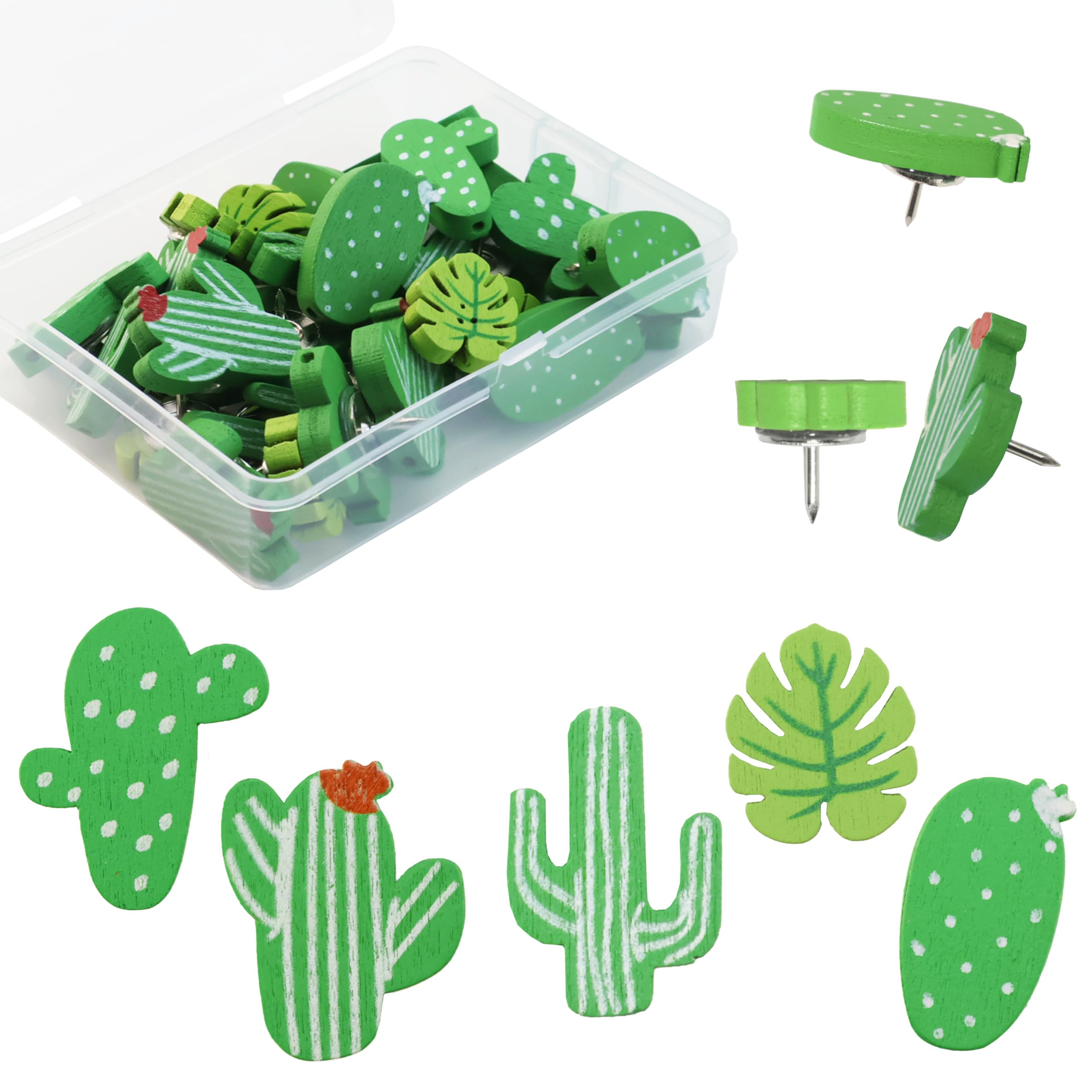 50 Pcs Leaf Push Pins Decorative Thumb Tacks in Green Cute Office Decor for Cork Board Bulletin Board, Photos Wall Maps and Other Offices Schools Supplies Christmas Decoration: Cacti, 30 Pcs