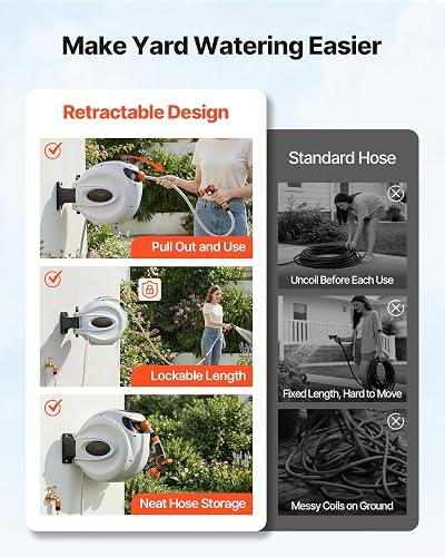 VEVOR Retractable Hose Reel, 82 ft x 1/2 inch, 180° Swivel Bracket Wall-Mounted, Garden Water Hose Reel with 9-Pattern Nozzle and 3 Fast Adaptors, Automatic Rewind, Lock at Any Length - 2