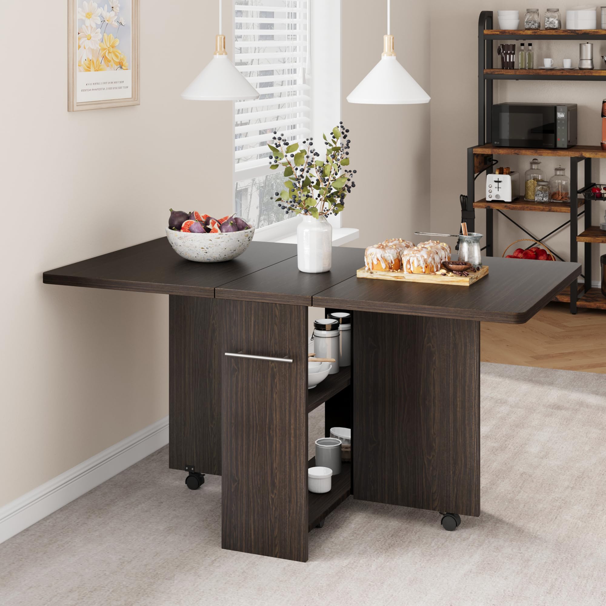 Zstar Platzsparender, Faltbarer Essenztisch Mit Ausziehbarem Drop-Leaf-Design, 2-Stufigem Stauraum Und 6 Feststellbaren Rollen – Erweiterbarer Holztisch Für 4 Personen, Schwarz