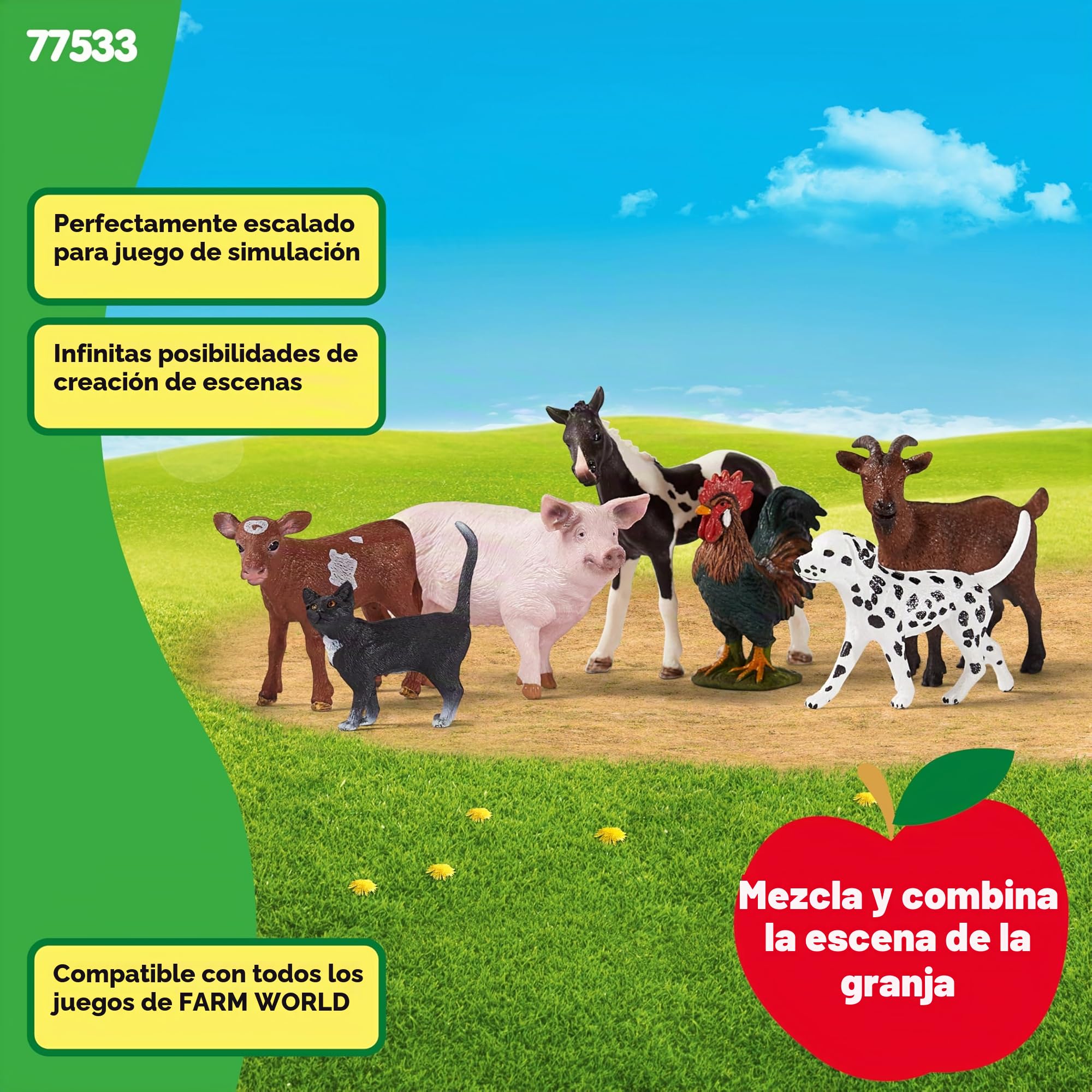 Schleich Farm World | Set de Animales de Granja 77533 con Perro, Gato, Cerdo, Cabra, Vaca, Caballo y Gallo | Set de Juego detallado de 7 Piezas | Juguete de Granja a Partir de 3 años | Solo en Amazon