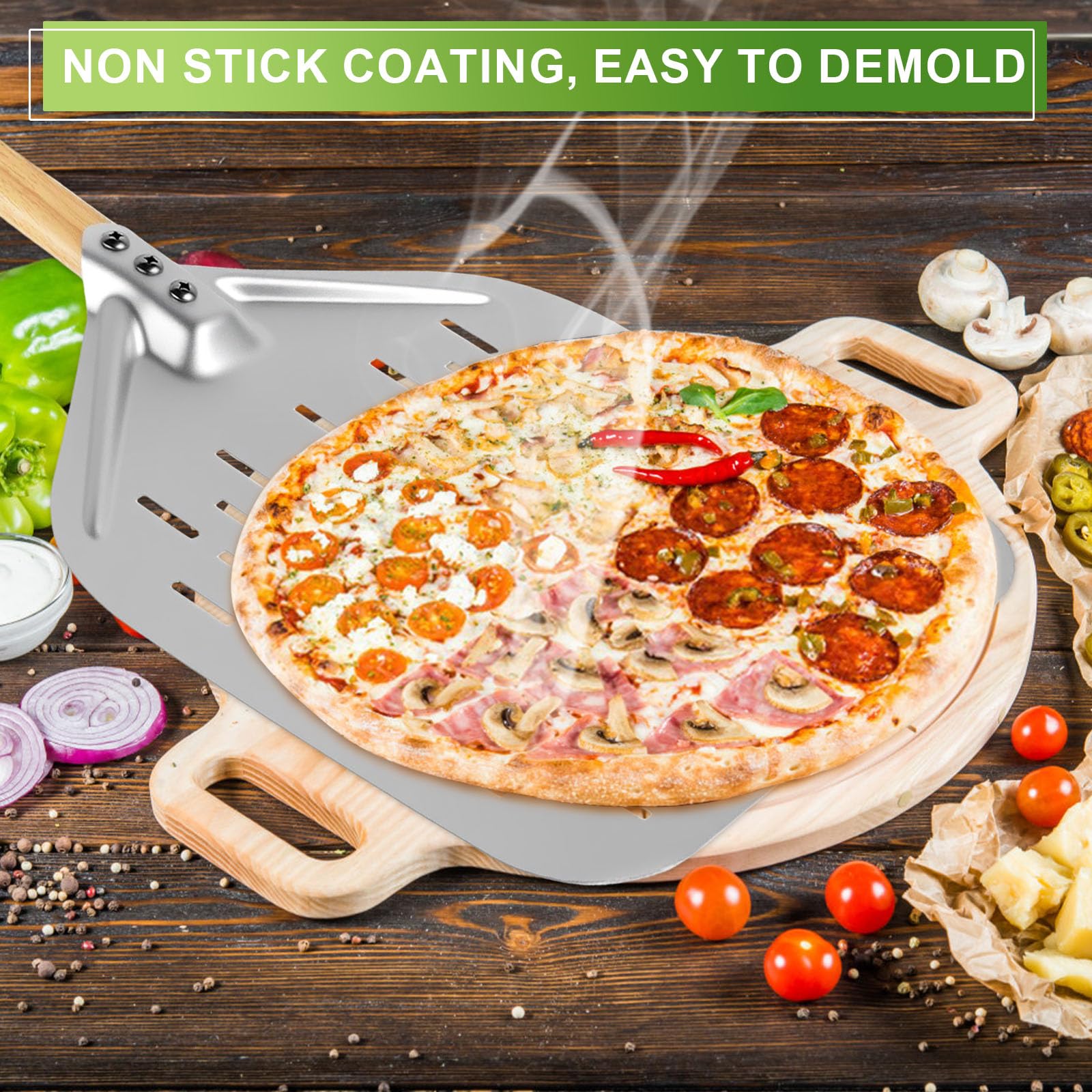 Pala per Pizza 12 Pollici, Pala per Pizza Forata in Alluminio con Manico in Legno Rimovibile, per Barbecue a Gas, Barbecue e Forno, per Riporre Facilmente La Pizza Grande (40 x 30 cm)